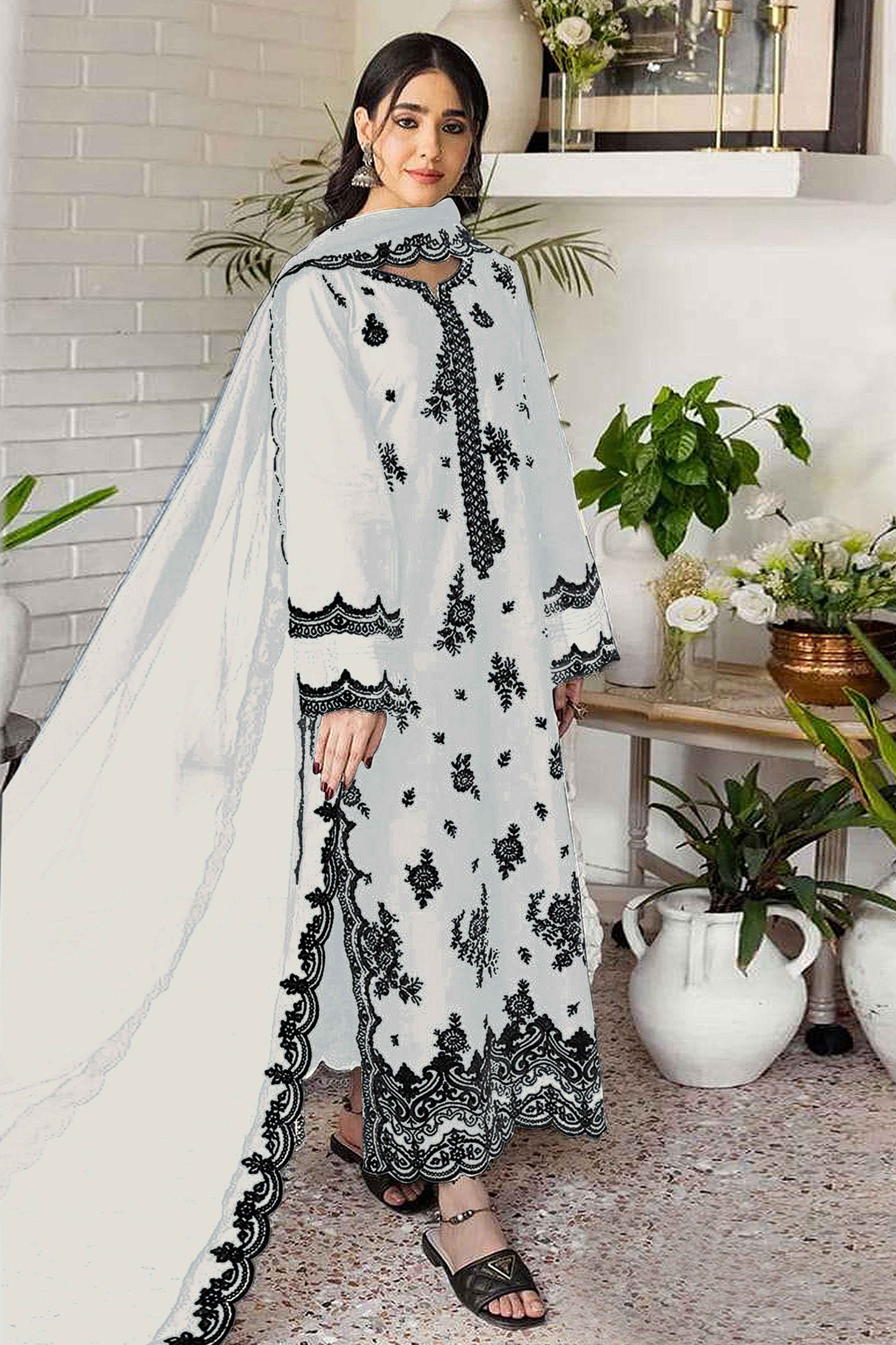 White Floral Embroidery Georgette Semi Stitched Pakistani Suit