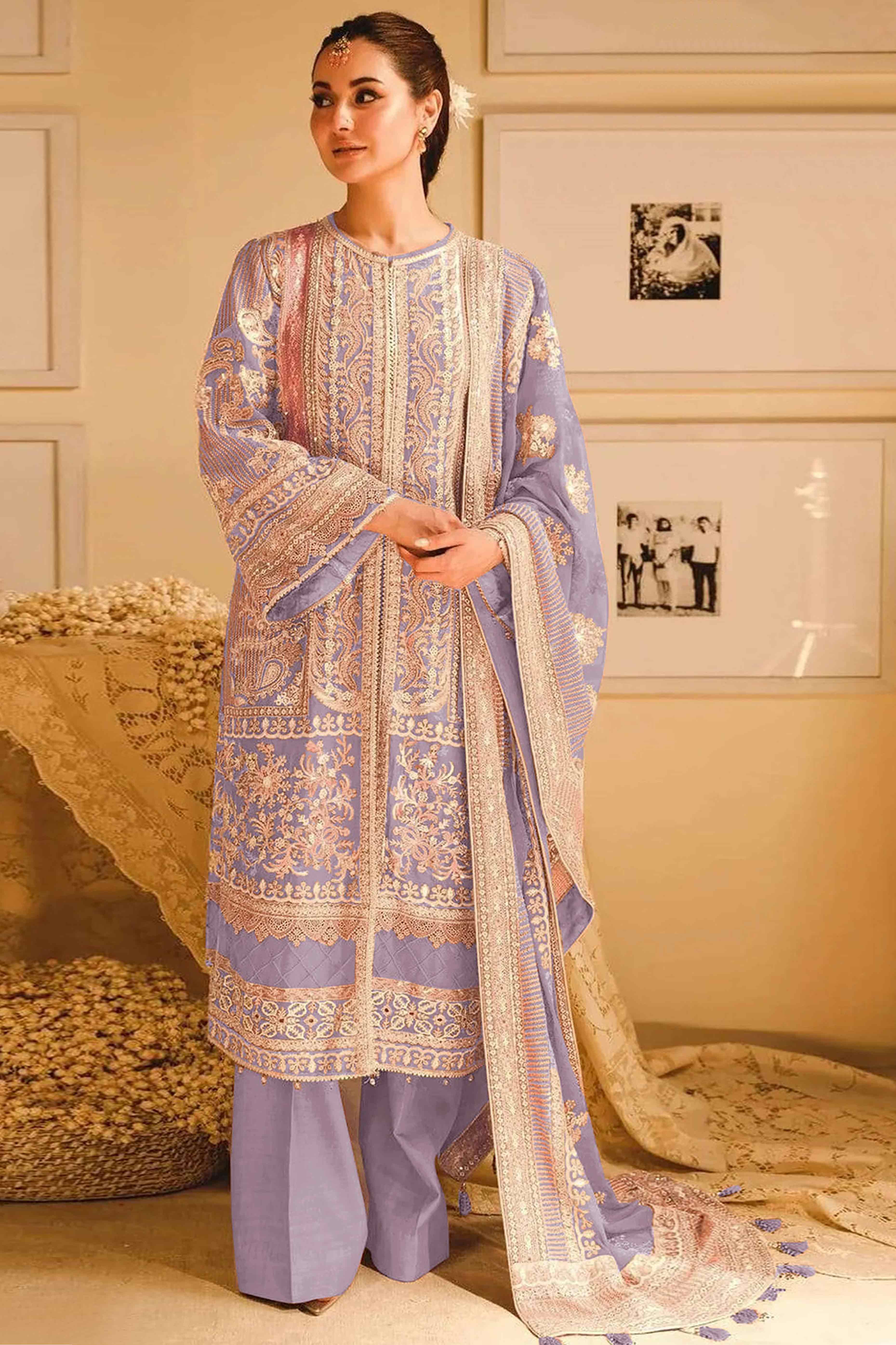 Lavender Floral Sequins Embroidery Georgette Semi Stitched Pakistani Suit