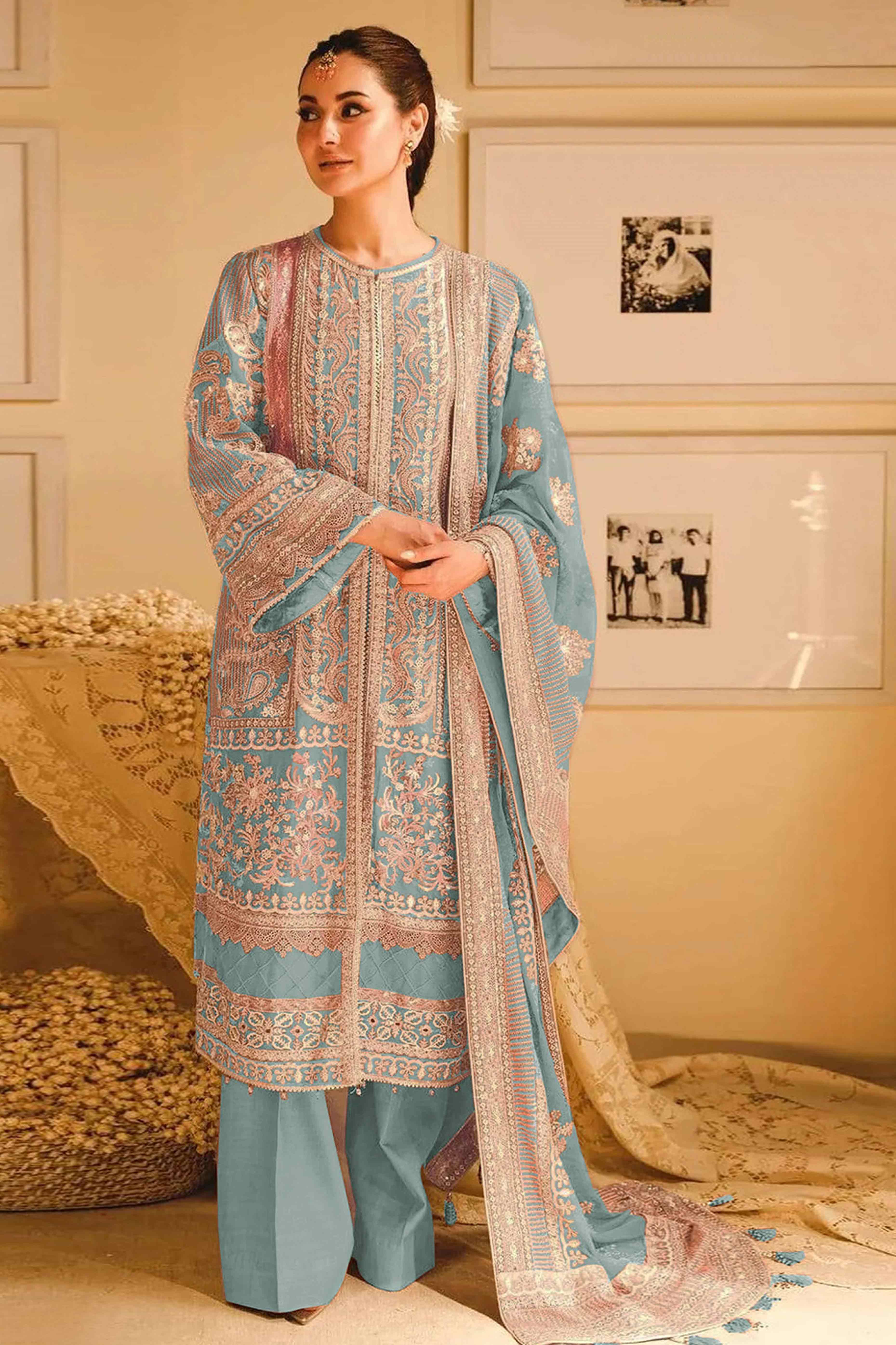 Blue Floral Sequins Embroidery Georgette Semi Stitched Pakistani Suit