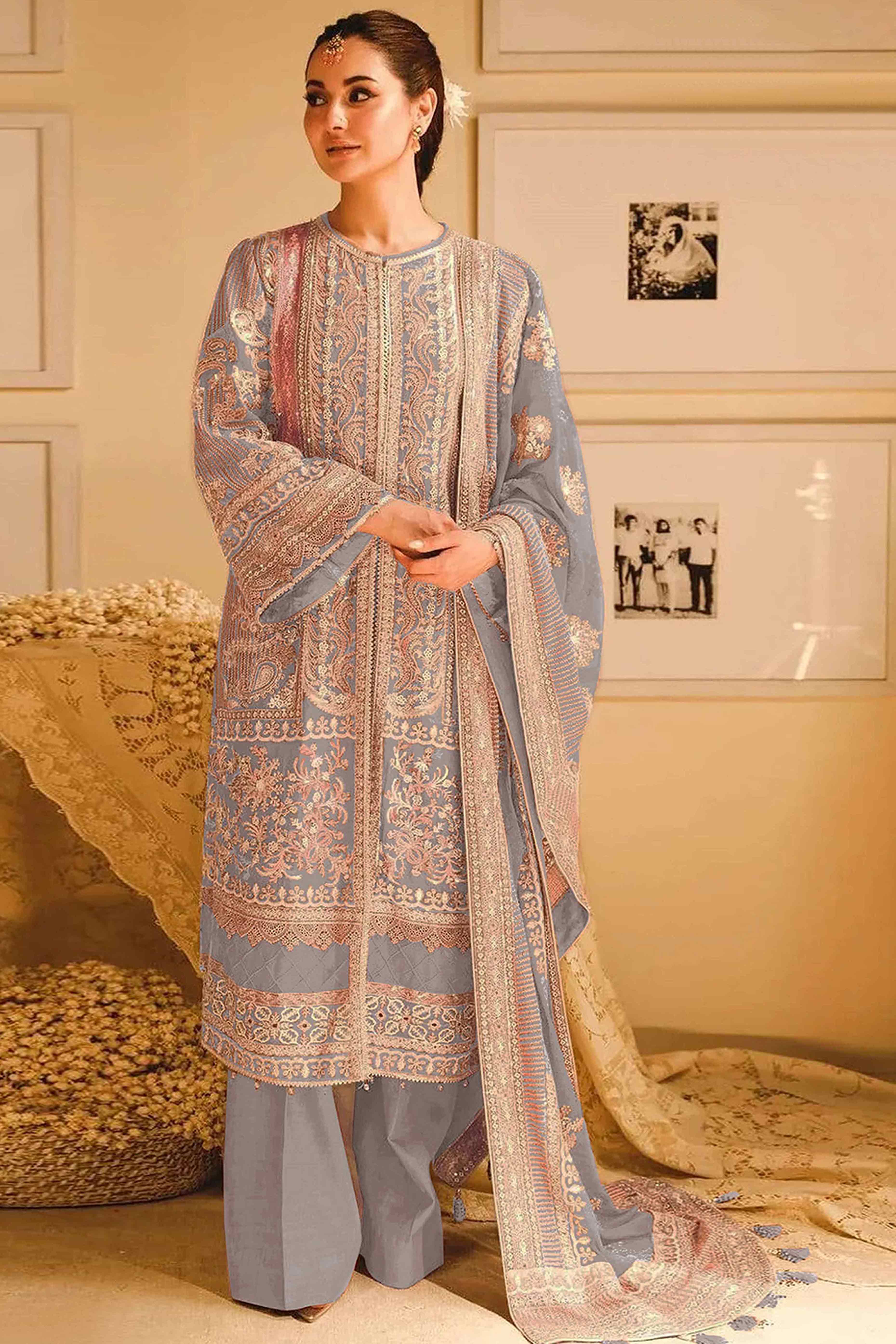 Grey Floral Sequins Embroidery Georgette Semi Stitched Pakistani Suit
