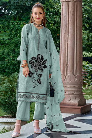 Blue Floral Sequins Embroidered Organza Semi Stitched Pakistani Suit