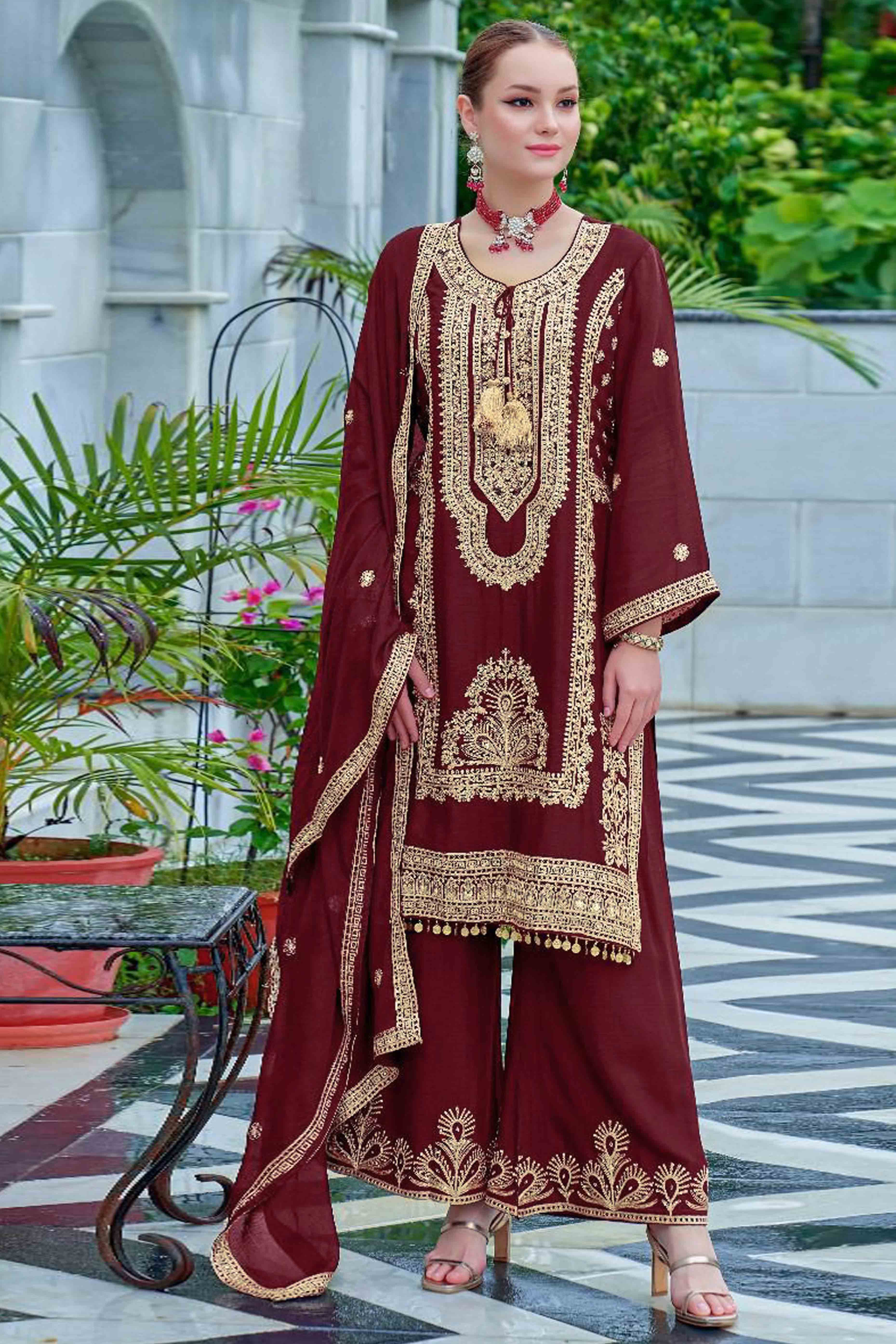 Maroon Floral Sequins Embroidered Chinon Semi Stitched Pakistani Suit