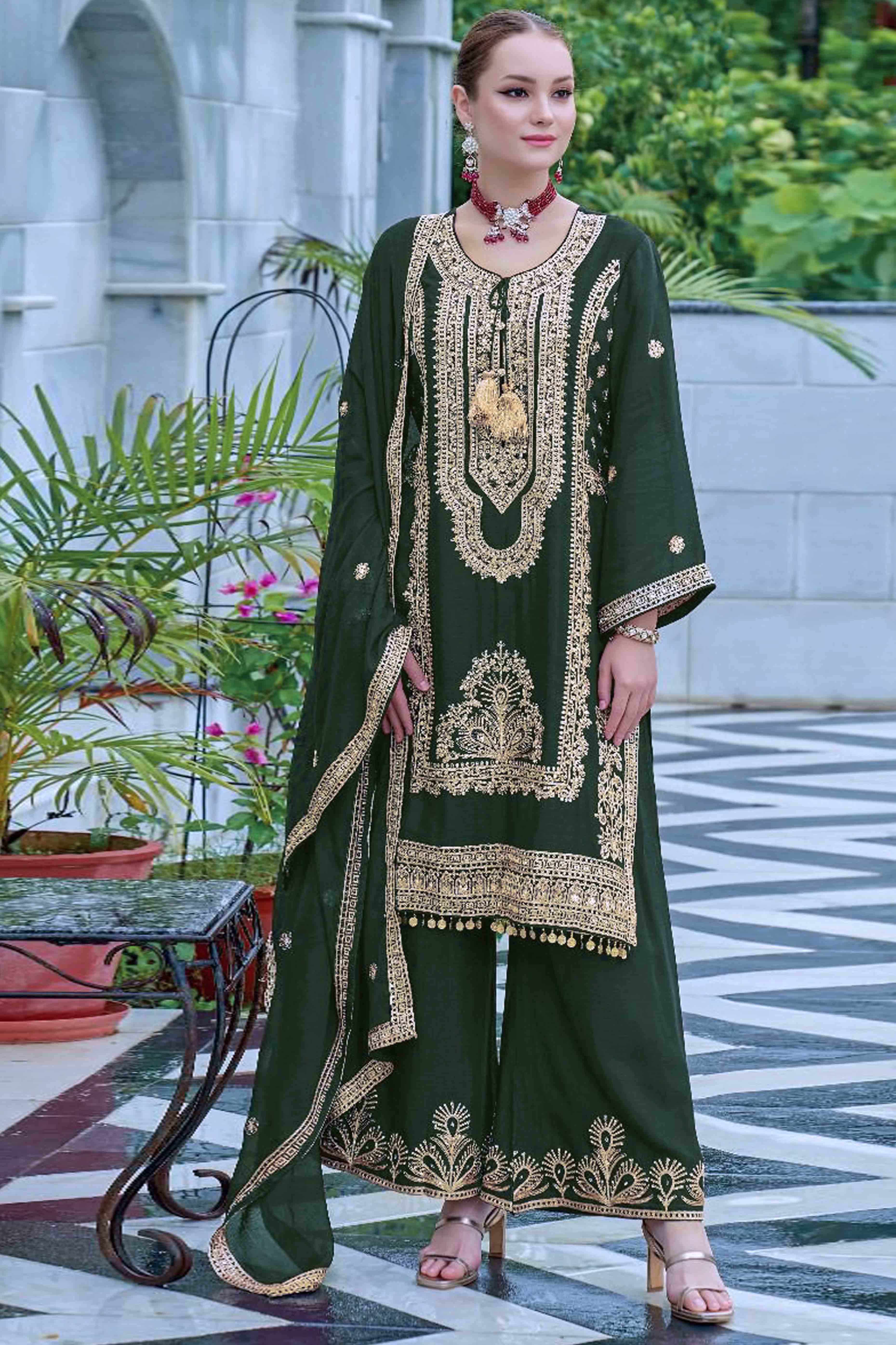 Green Floral Sequins Embroidered Chinon Semi Stitched Pakistani Suit