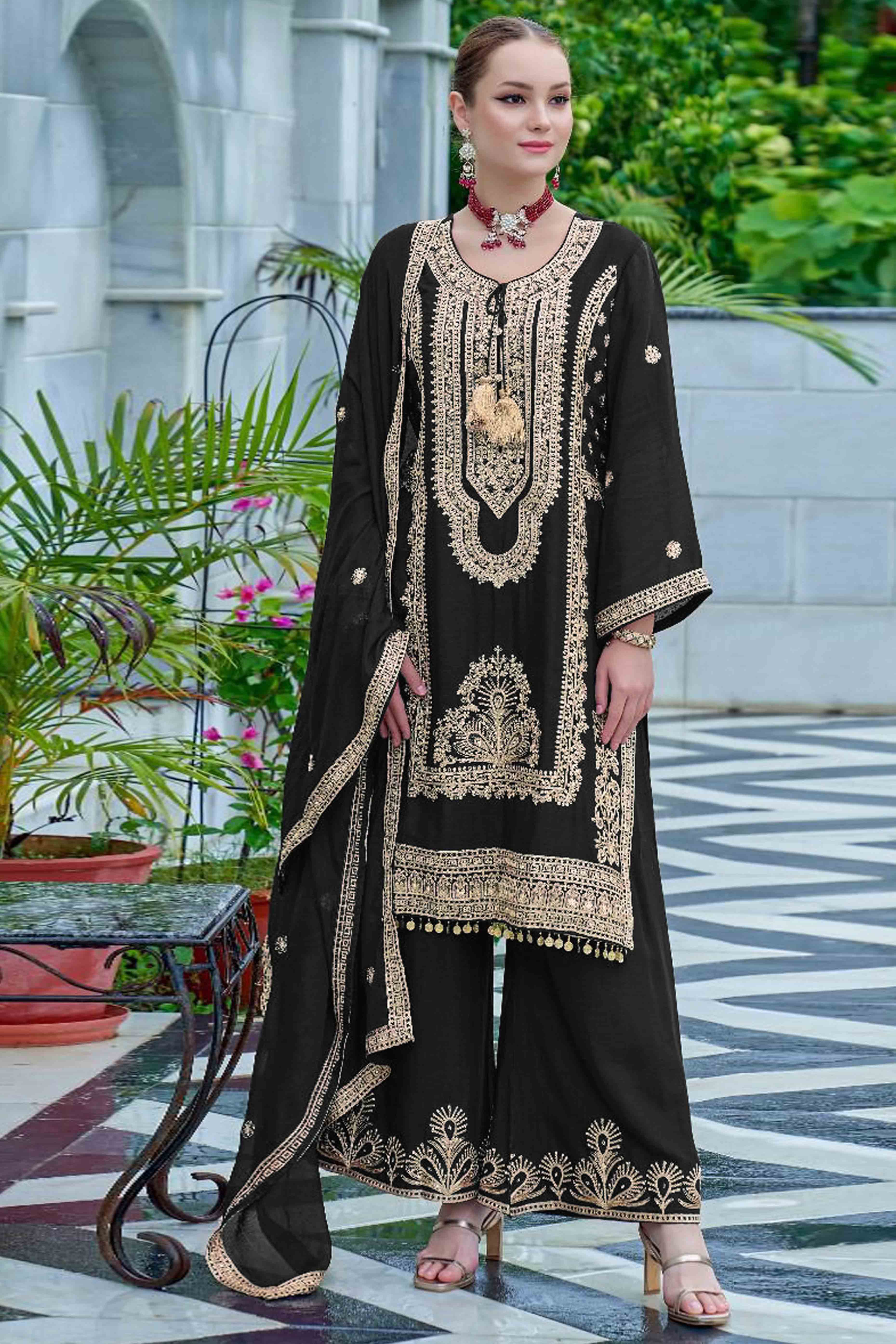 Black Floral Sequins Embroidered Chinon Semi Stitched Pakistani Suit