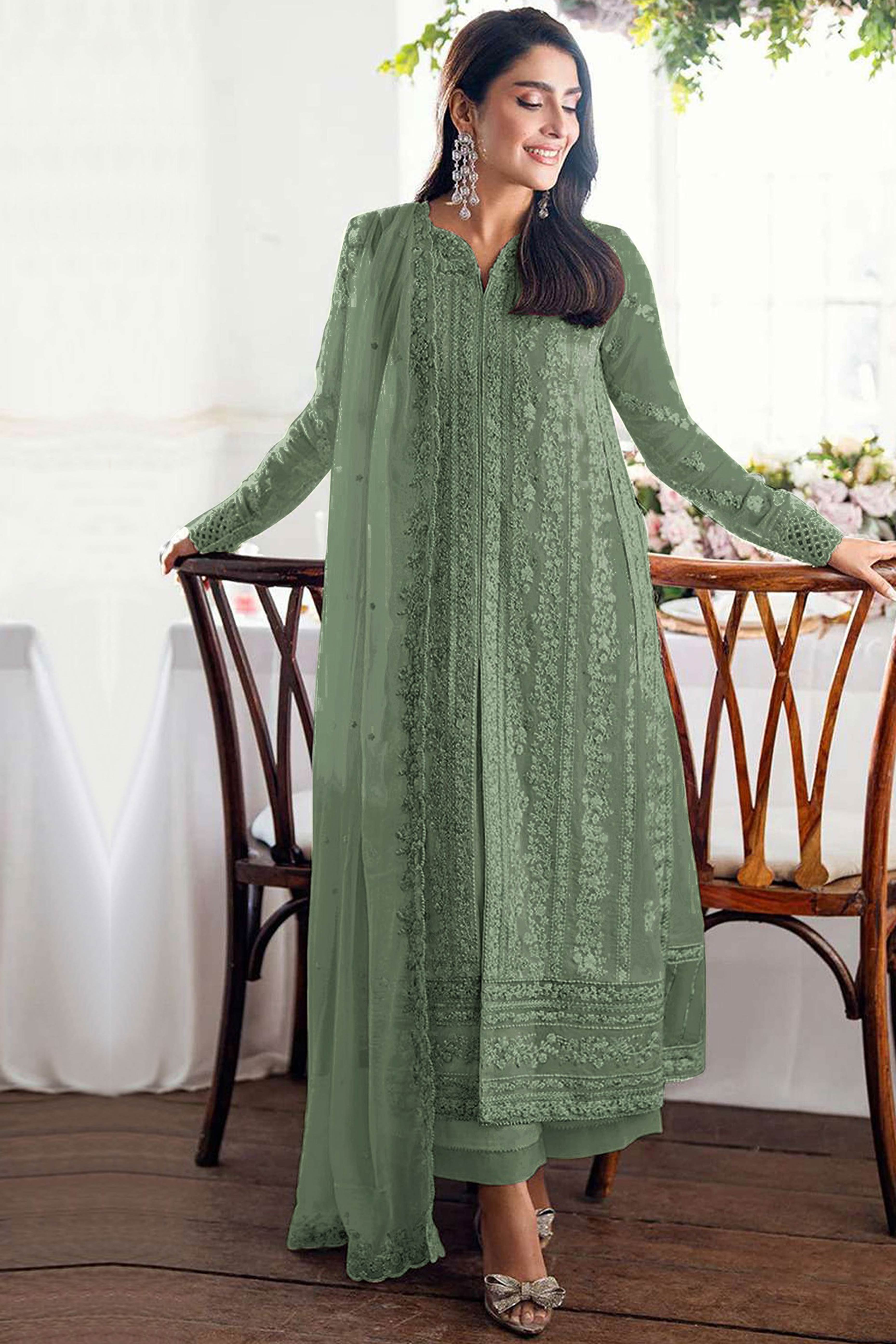 Green Embroidered Georgette Semi-Stitched Pakistani Salwar Suit with Shimmering Sequins