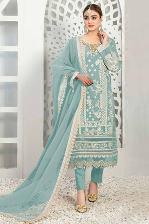 Blue Floral Embroidery With Moti Work Organza Semi Stitched Pakistani Suit