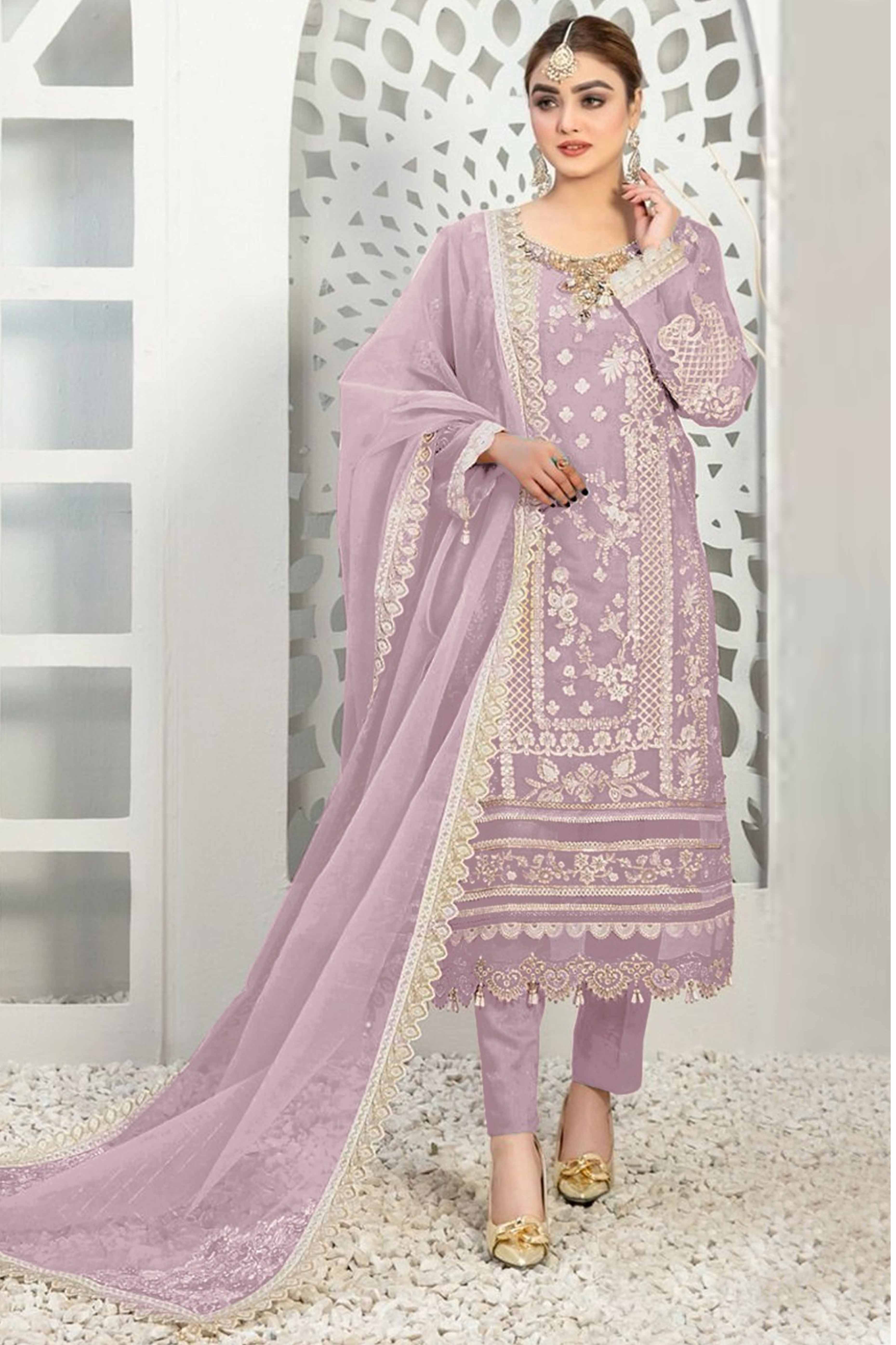 Lavender Floral Embroidery With Moti Work Organza Semi Stitched Pakistani Suit
