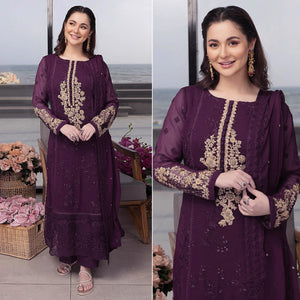 Purple Floral Embroidered Georgette Semi Stitched Pakistani Suit