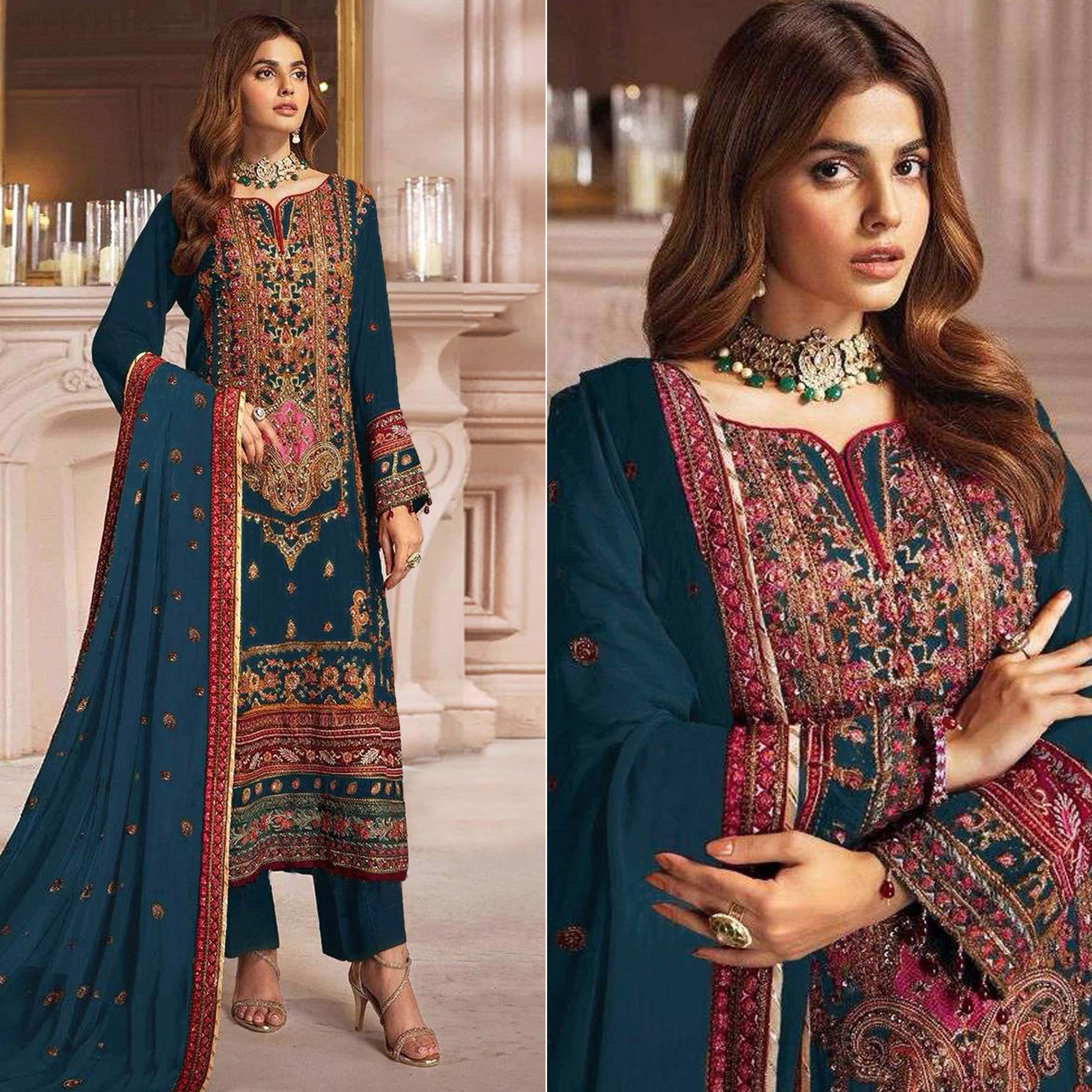 Teal Embroidered Georgette Pakistani Dress Material