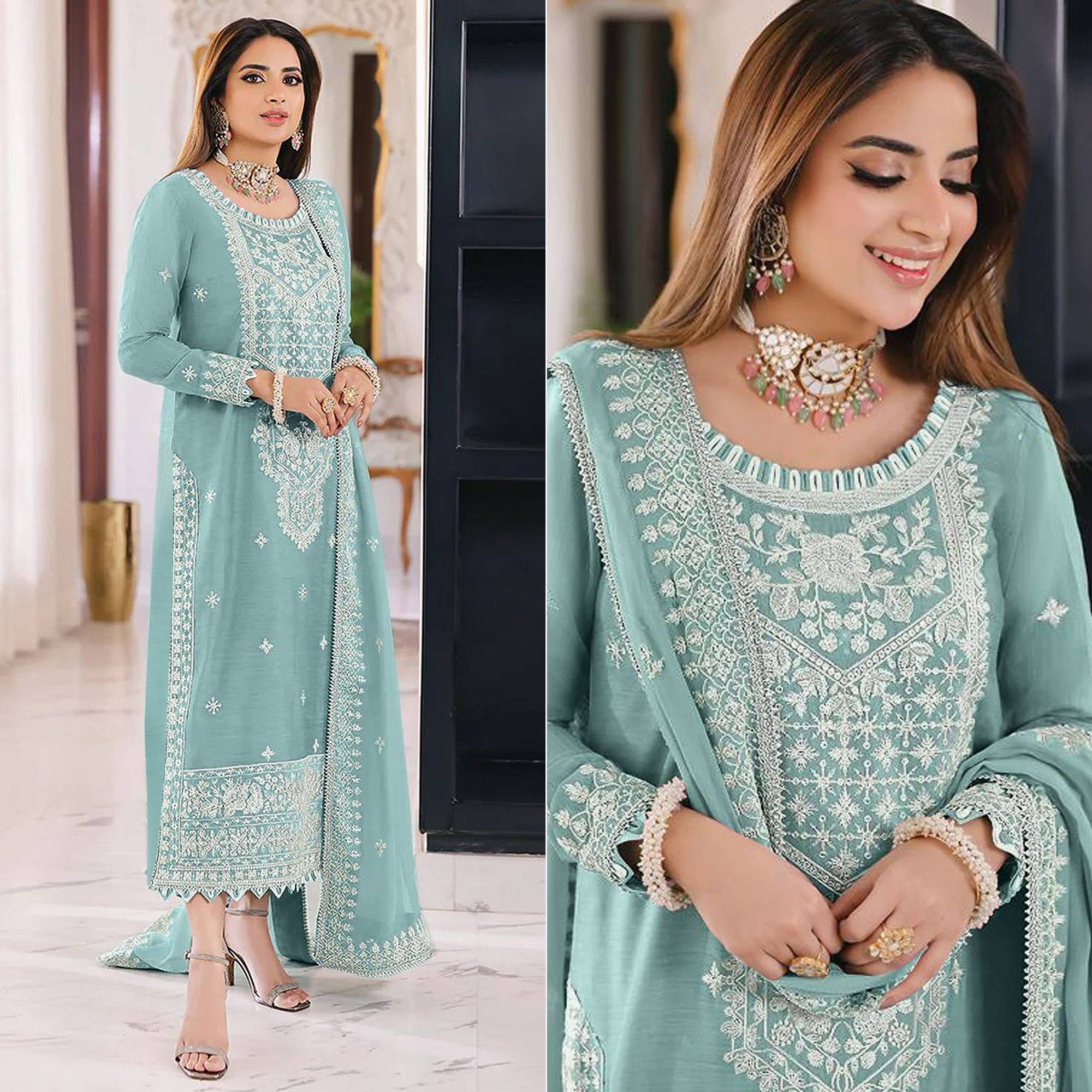 Sea Green Embroidered Organza Pakistani Semi Stitched Dress Material