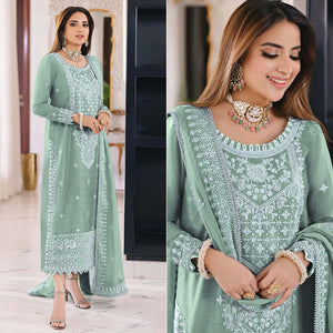 Green Embroidered Organza Pakistani Semi Stitched Dress Material