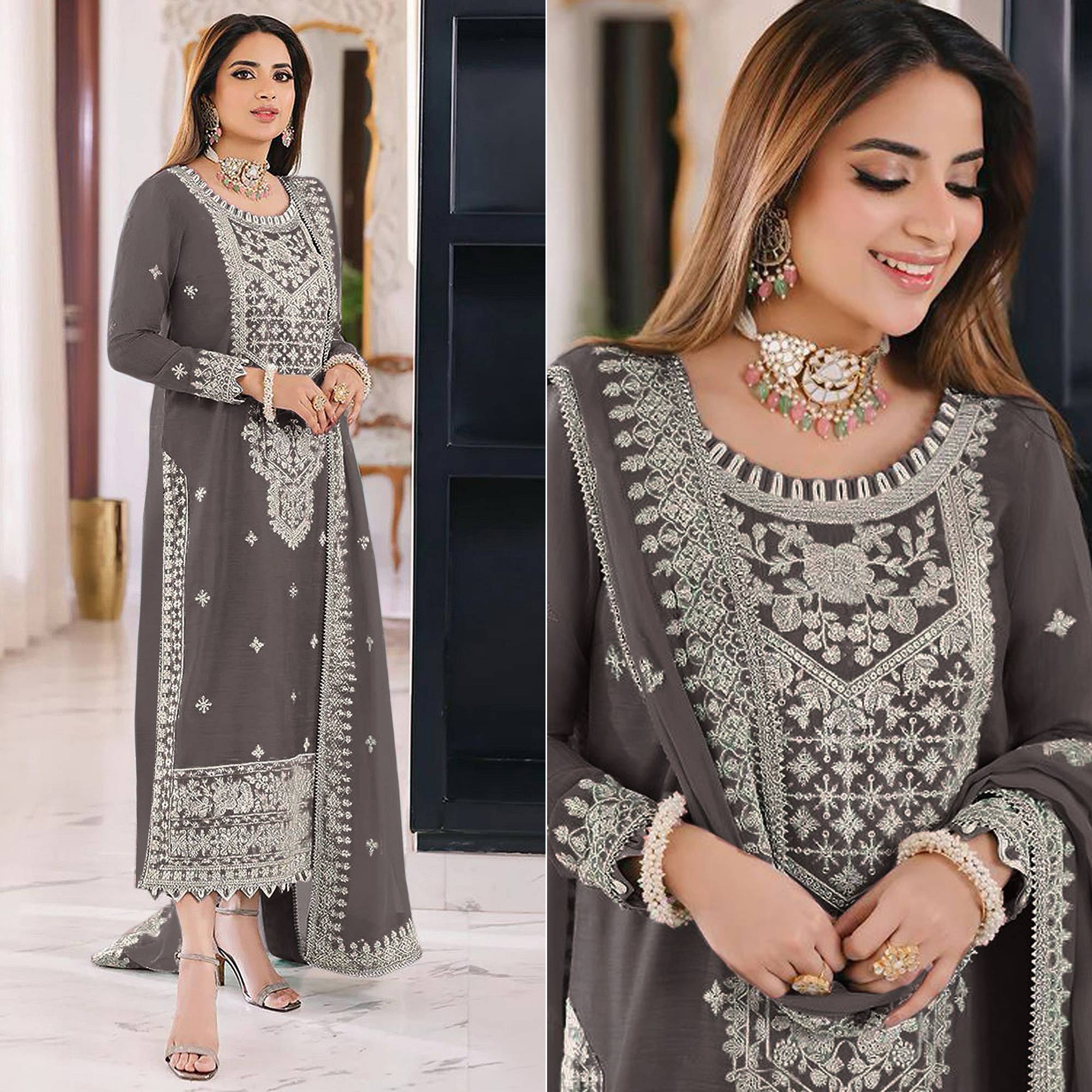 Grey Embroidered Organza Pakistani Semi Stitched Dress Material