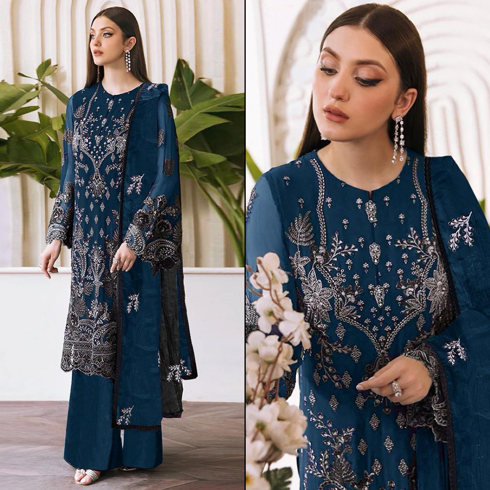 Indigo Blue Embroidered Georgette Pakistani Semi Stitched Dress Material