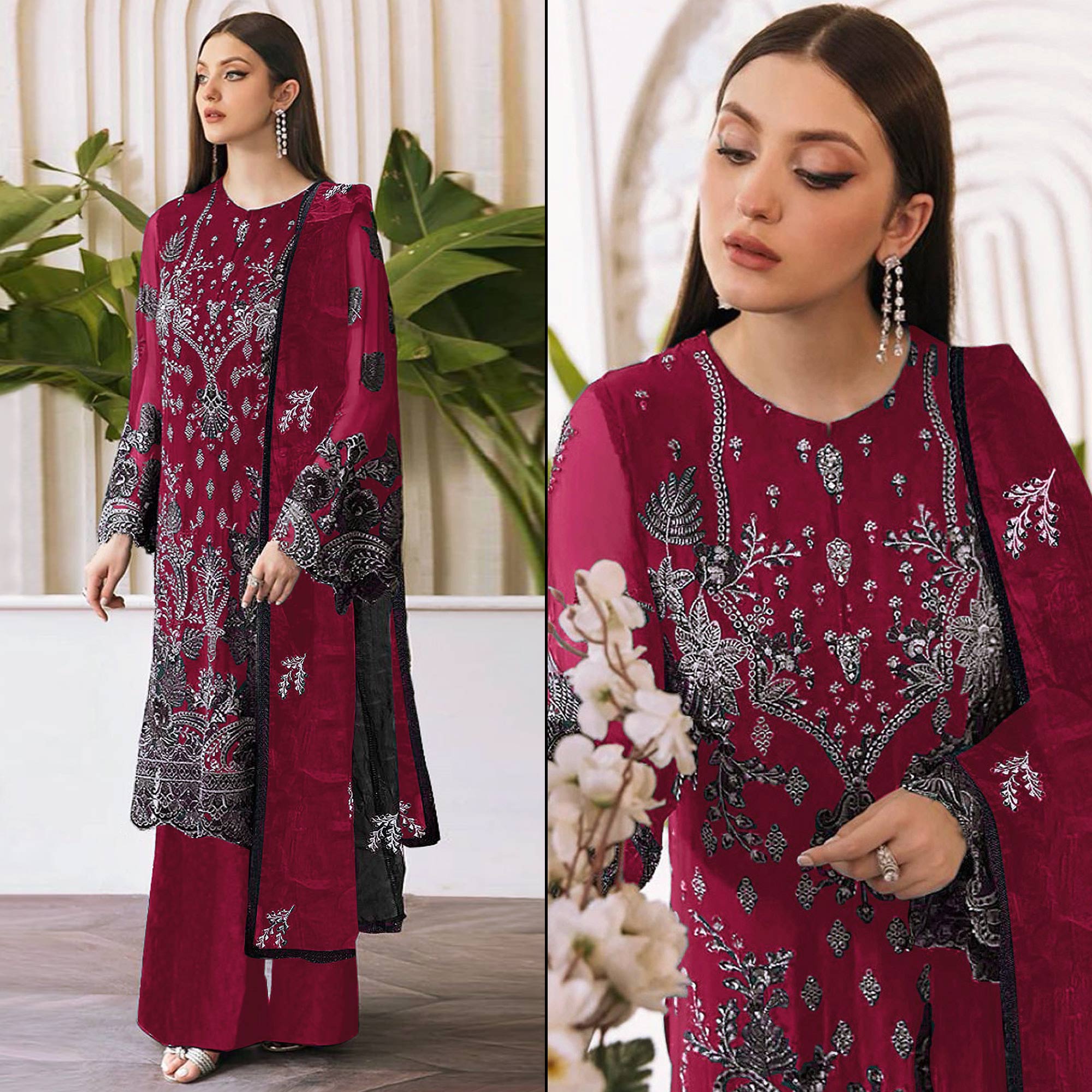 Maroon Embroidered Georgette Pakistani Semi Stitched Dress Material