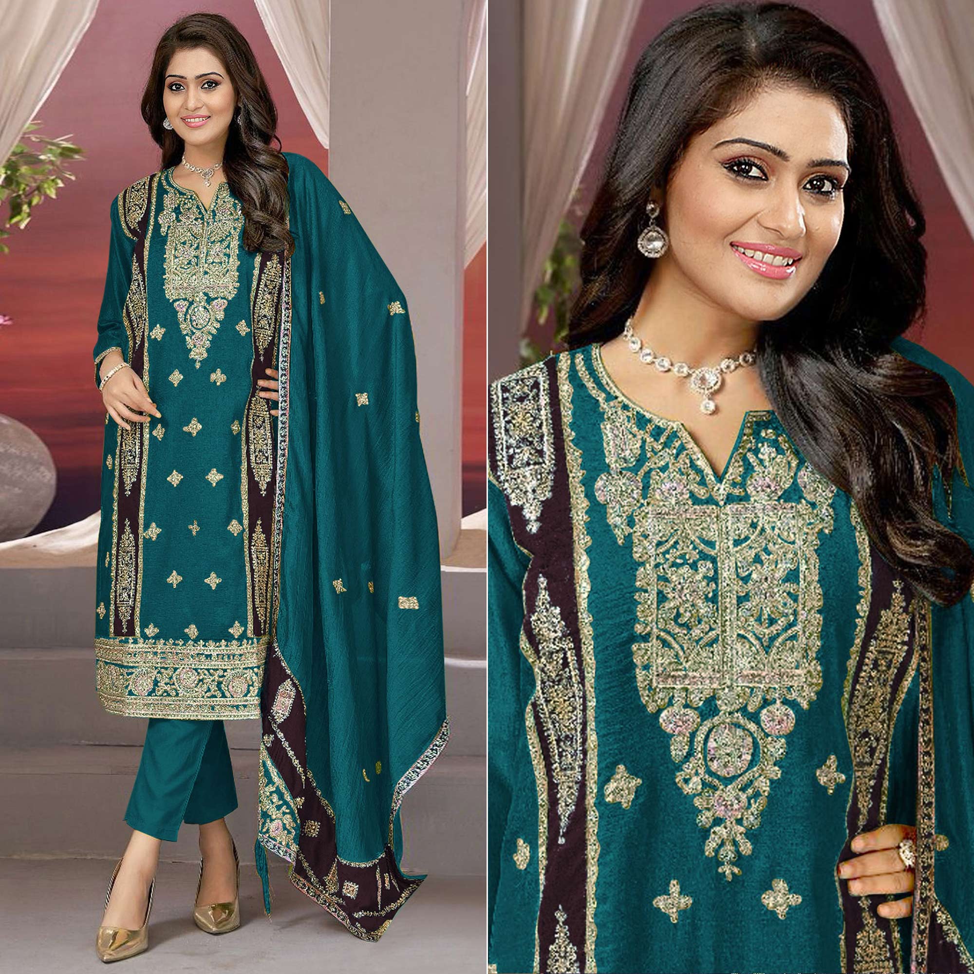 Teal Floral Embroidered Vichitra Silk Semi Stitched Pakistani Suit