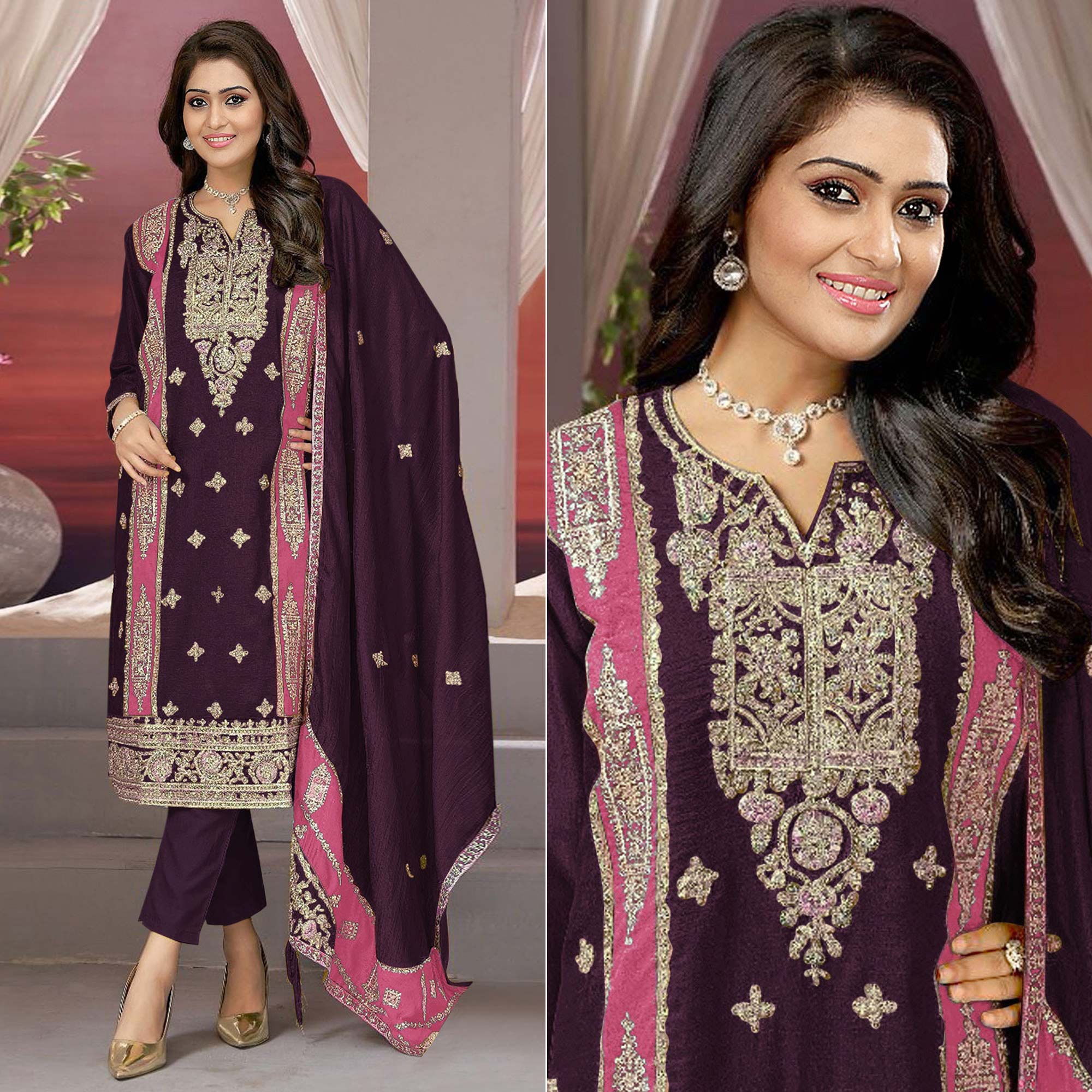 Wine Floral Embroidered Vichitra Silk Semi Stitched Pakistani Suit