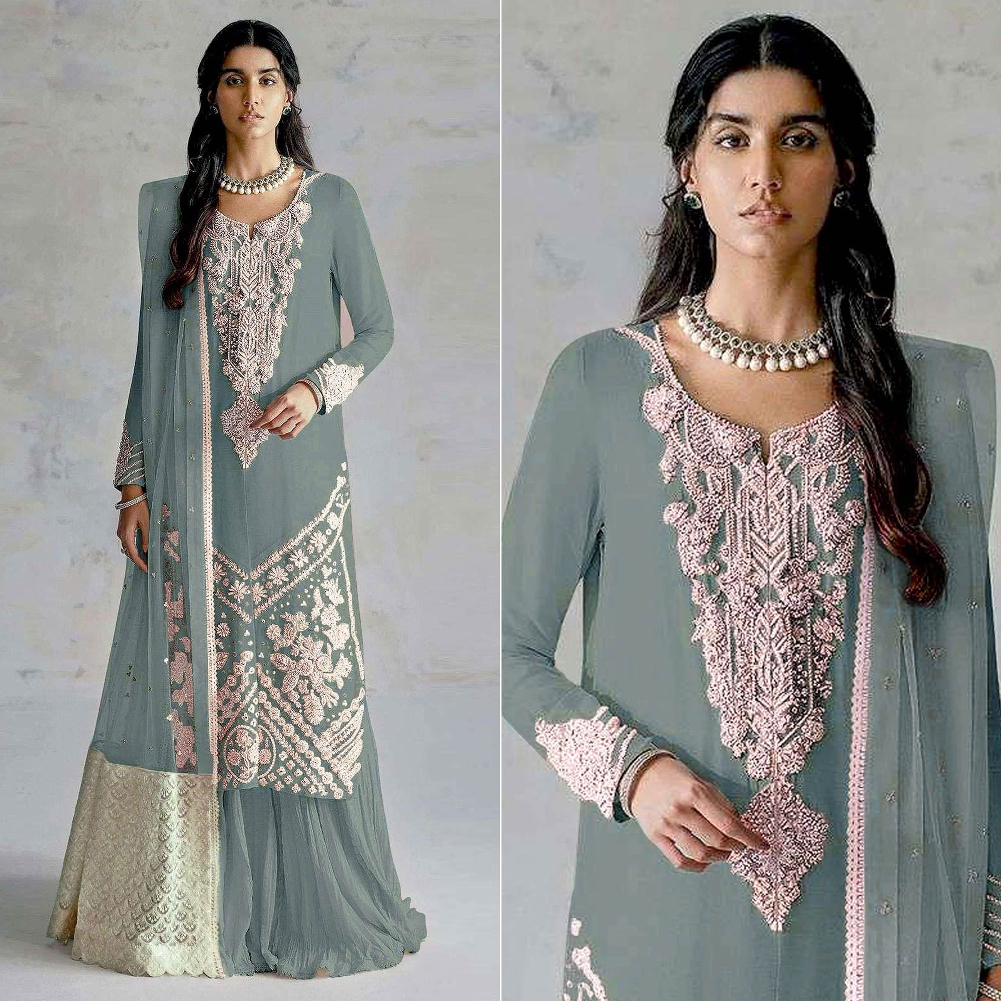 Sky Blue Embroidered Georgette Pakistani Dress Material