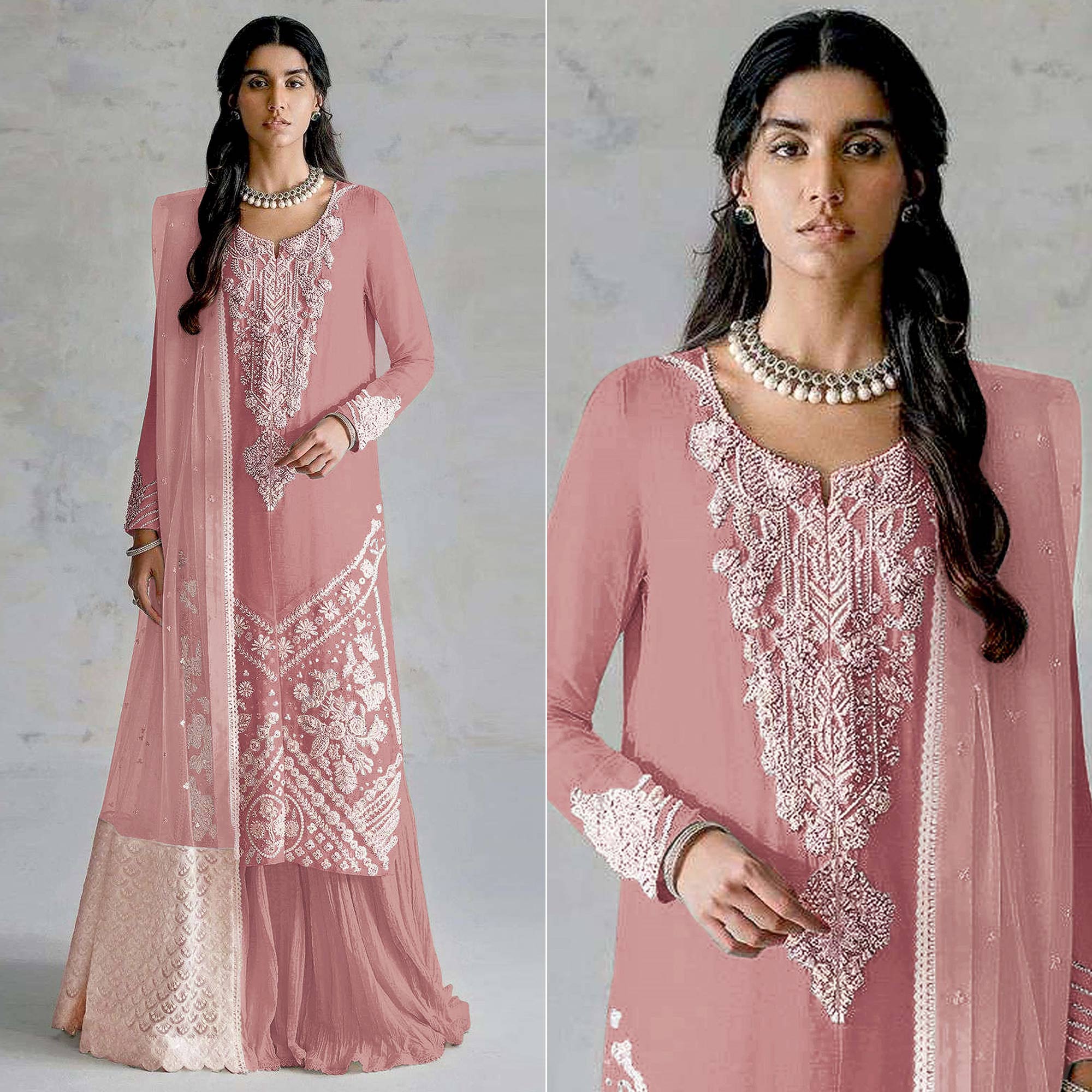 Peach Embroidered Georgette Pakistani Dress Material