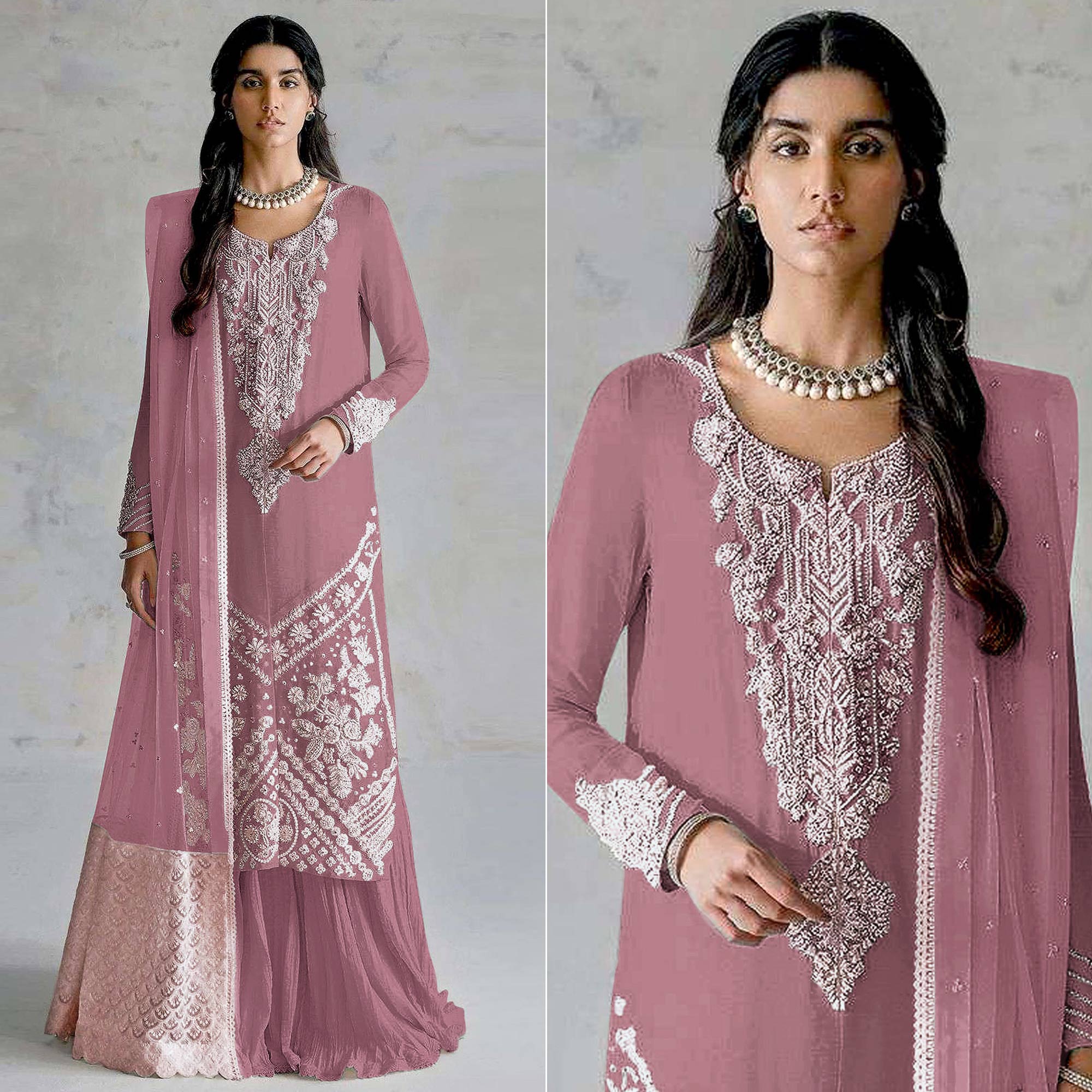 Pink Embroidered Georgette Pakistani Dress Material