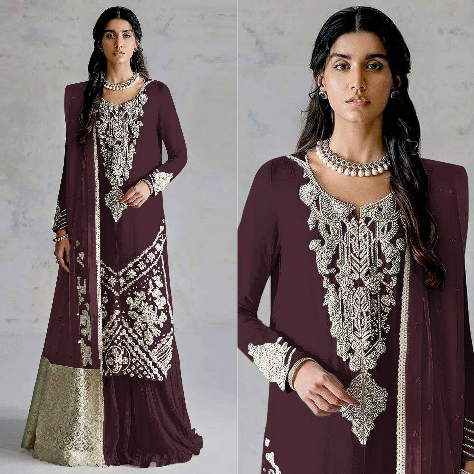 Wine Embroidered Georgette Pakistani Dress Material