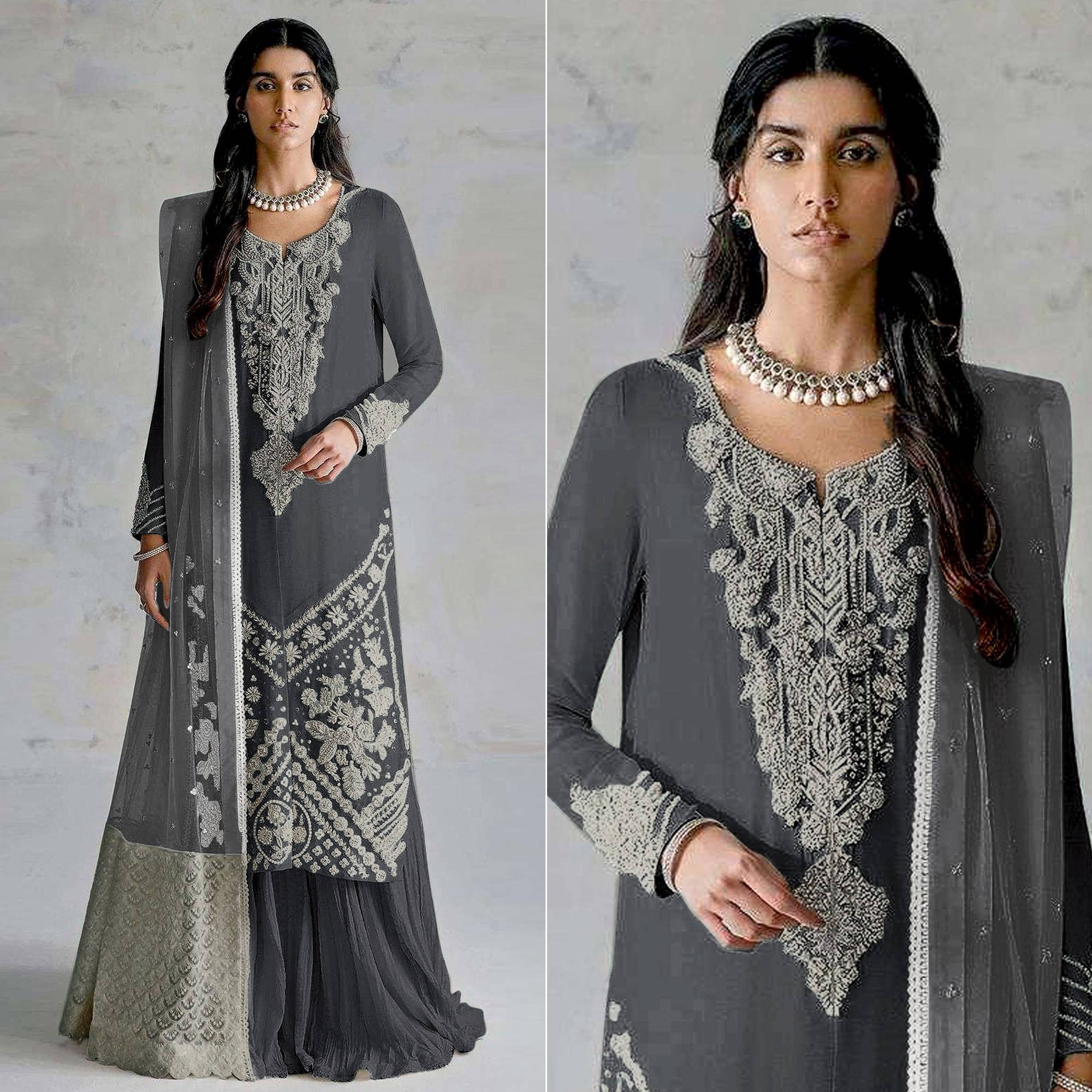 Grey Embroidered Georgette Pakistani Dress Material