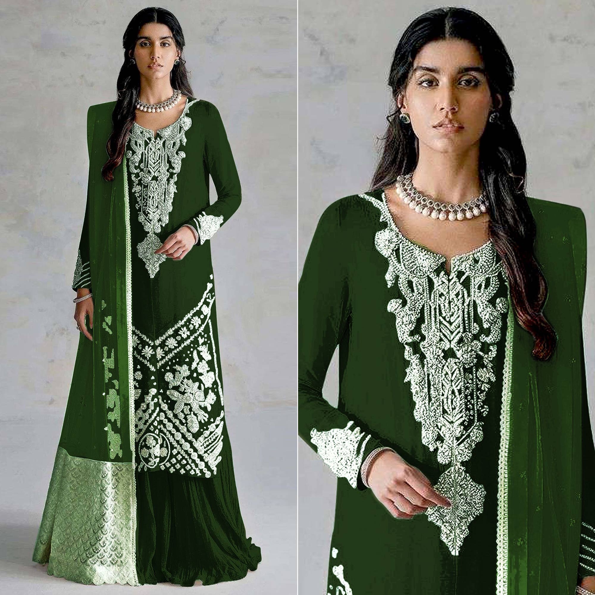 Green Embroidered Georgette Pakistani Dress Material