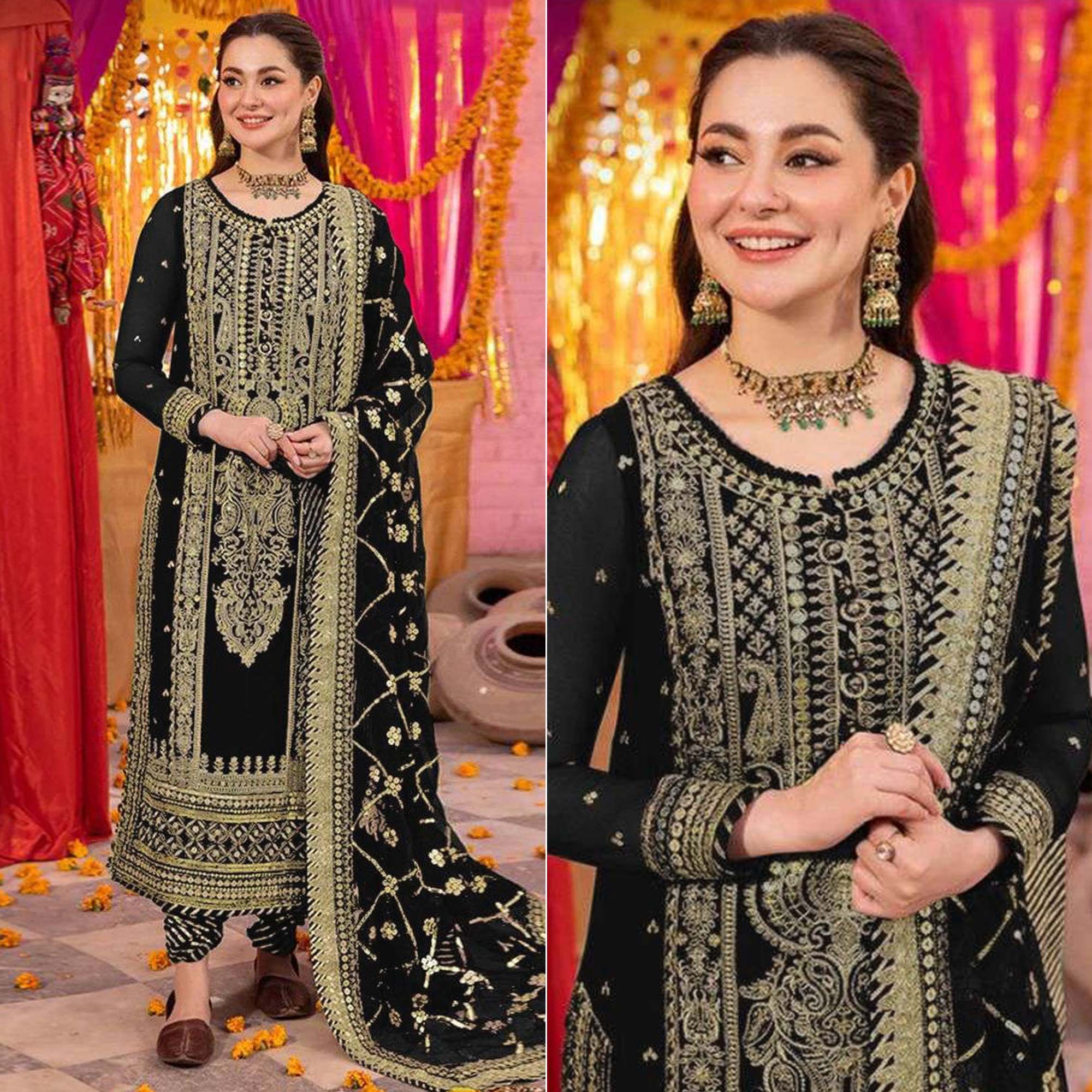 Black Embroidered Georgette Pakistani Dress Material