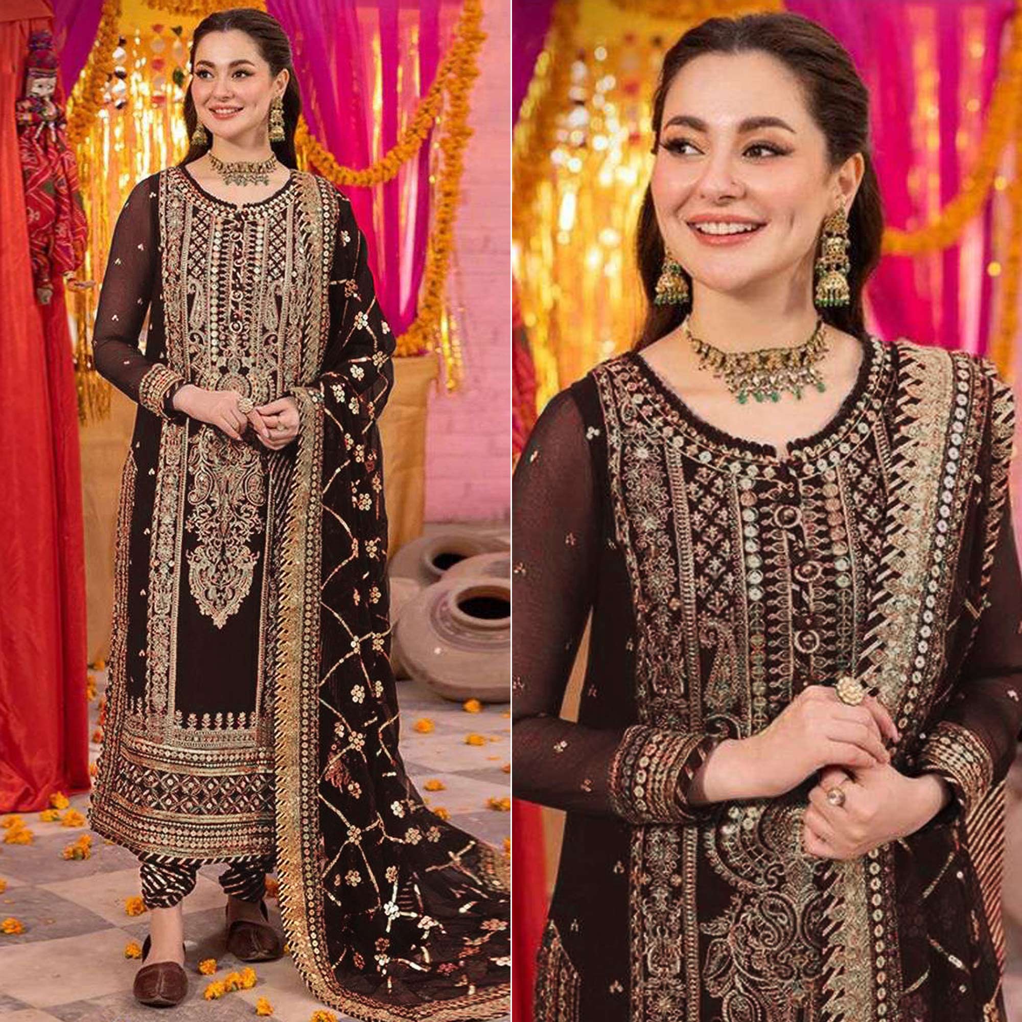 Brown Embroidered Georgette Pakistani Dress Material