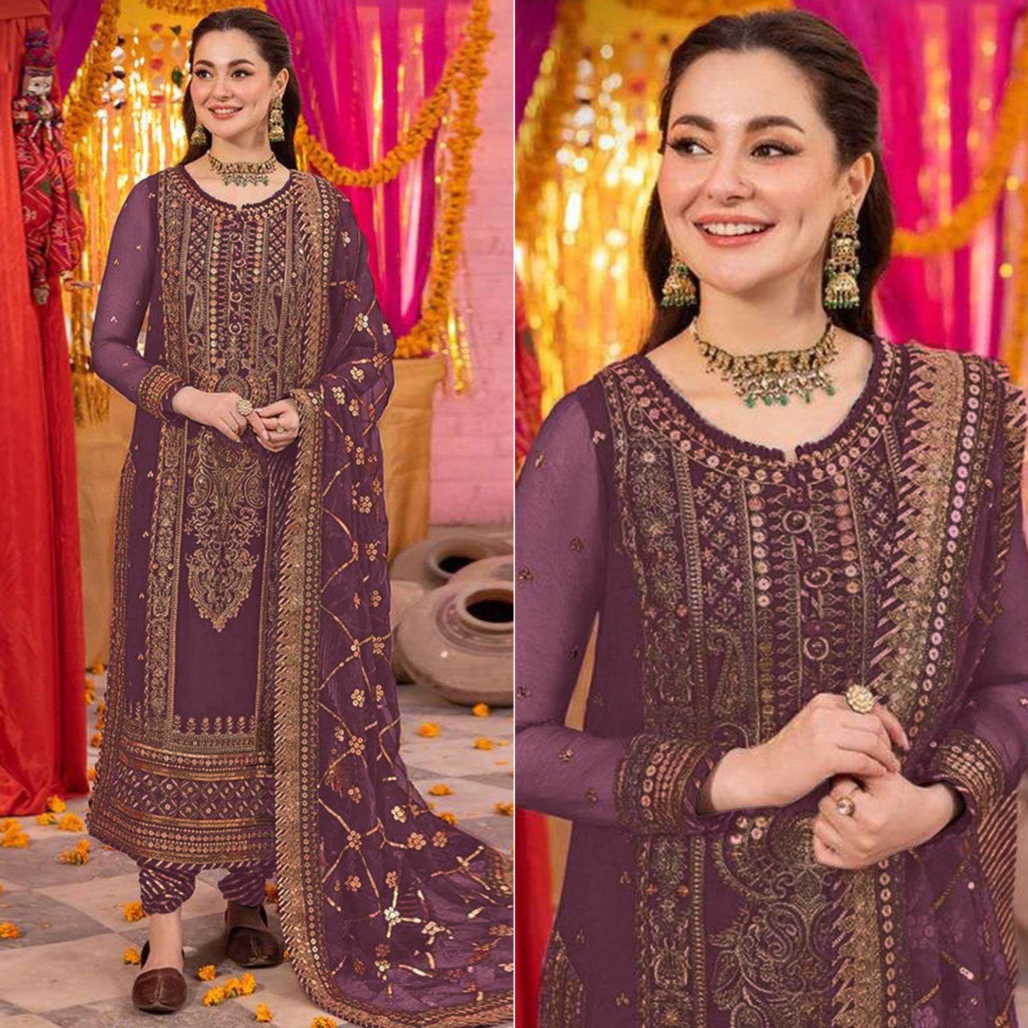 Purple Embroidered Georgette Pakistani Dress Material