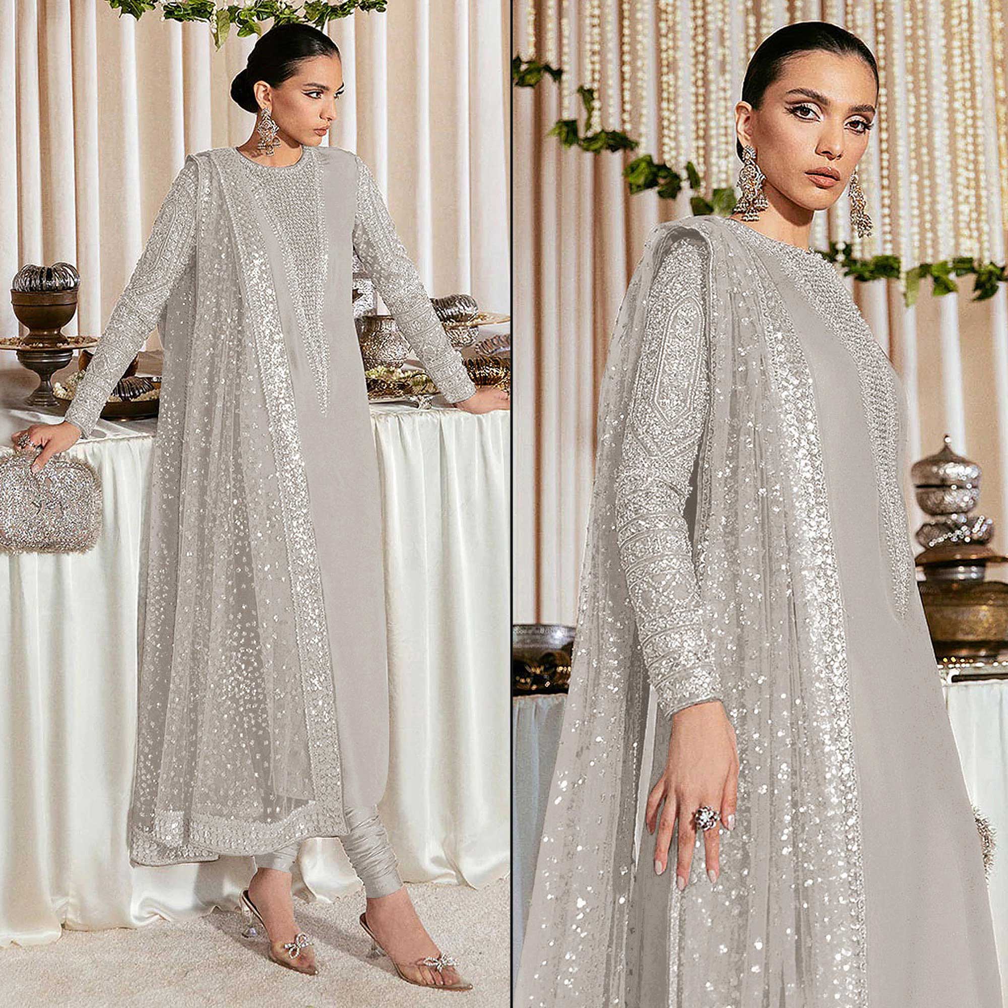 Beige Sequins Embroidered Georgette Pakistani Suit