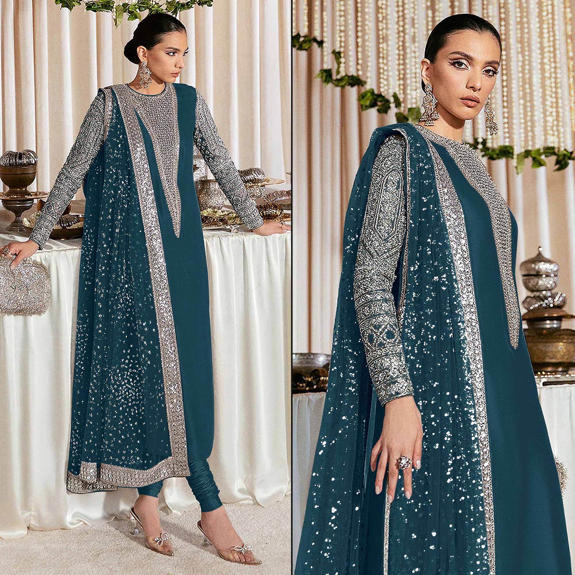 Teal Blue Sequins Embroidered Georgette Pakistani Suit