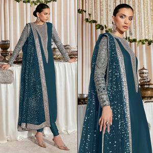 Teal Blue Sequins Embroidered Georgette Pakistani Suit