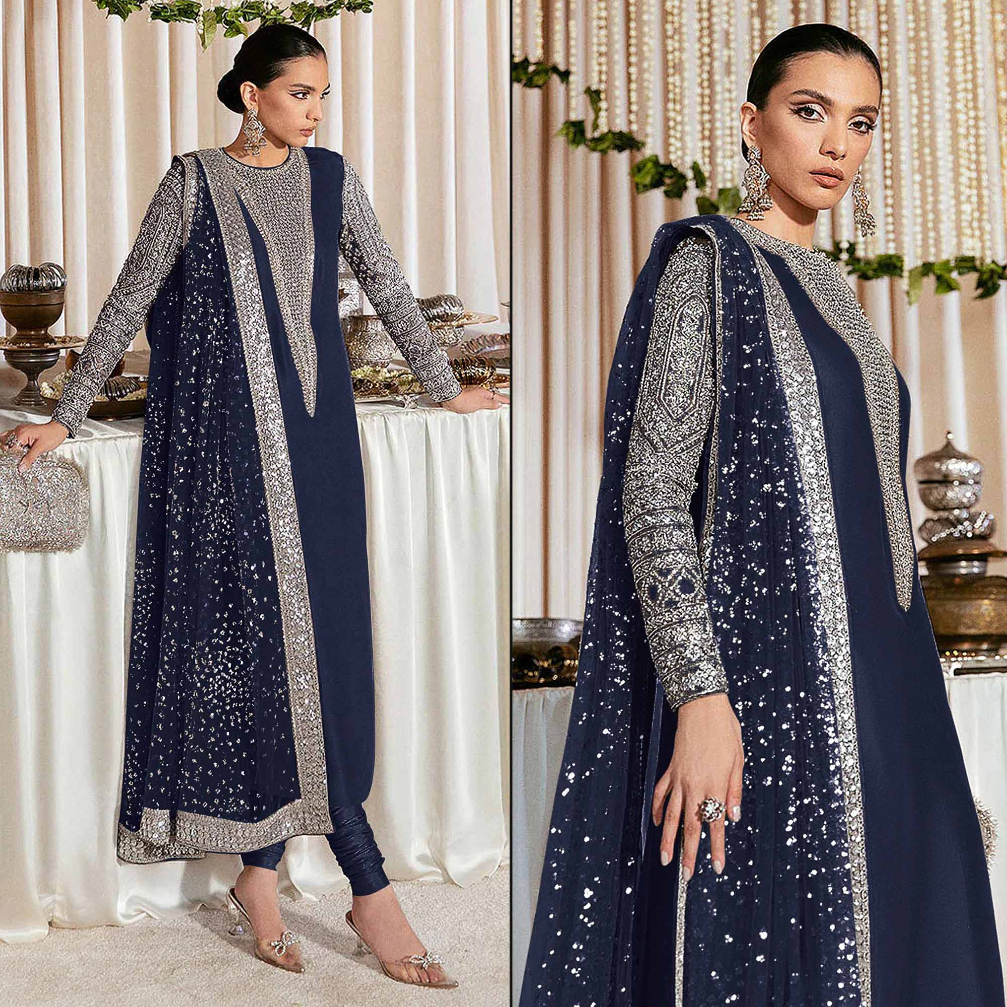 Blue Sequins Embroidered Georgette Pakistani Suit