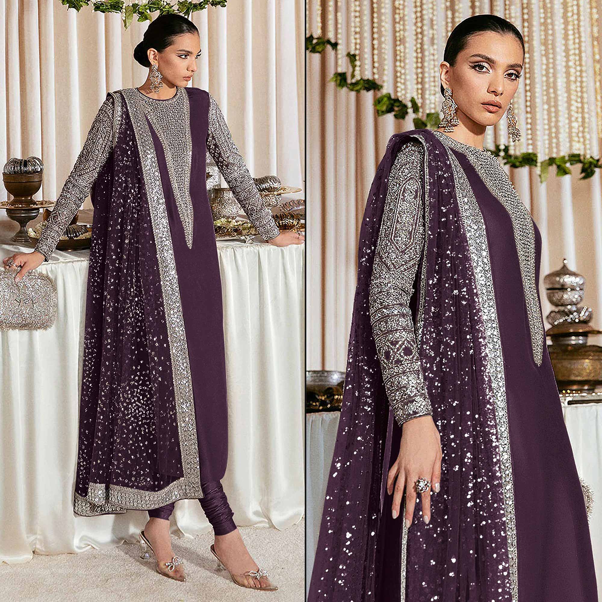 Purple Sequins Embroidered Georgette Pakistani Suit