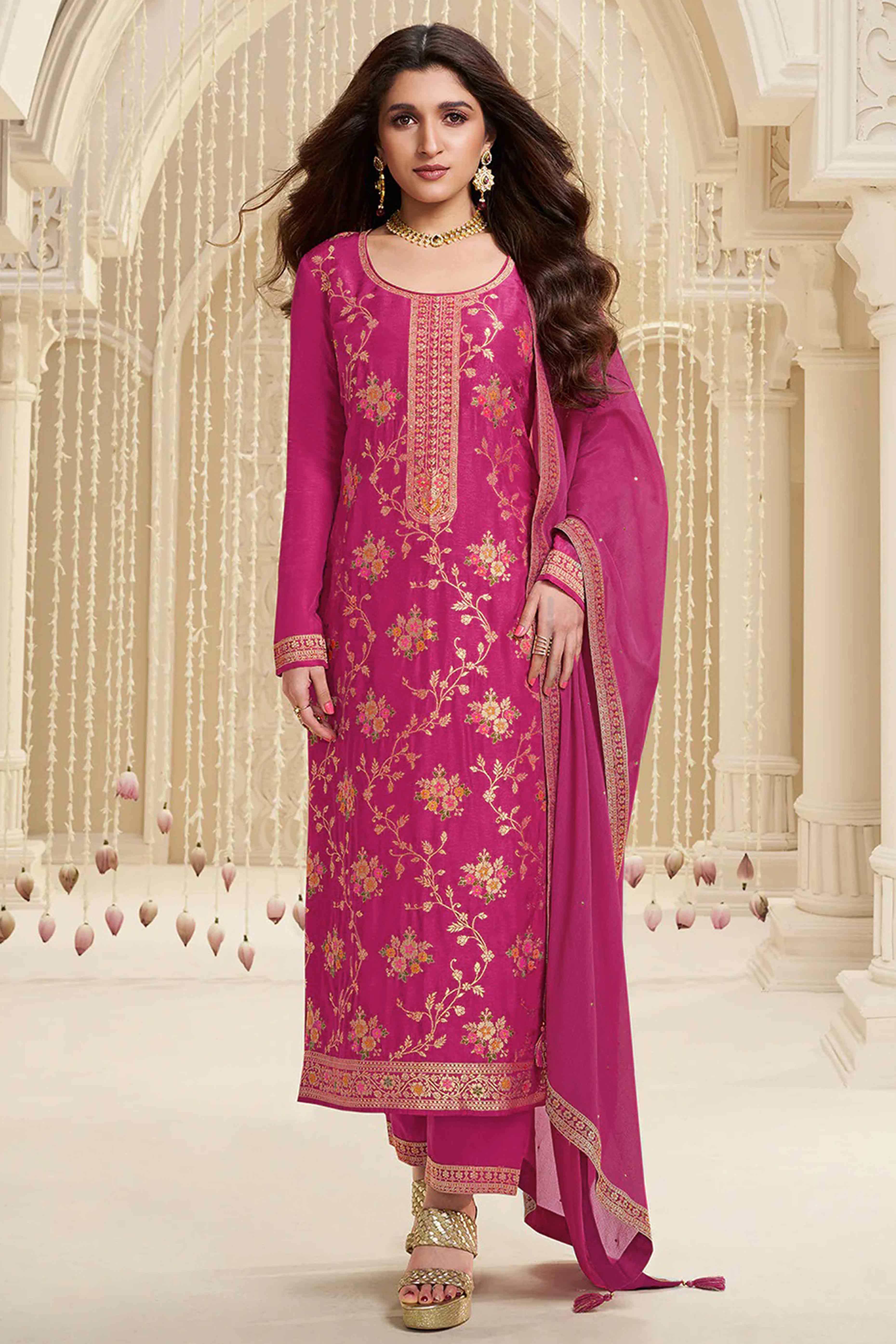 Pink Floral Woven With Embroidered Viscose Semi Stitched Suit