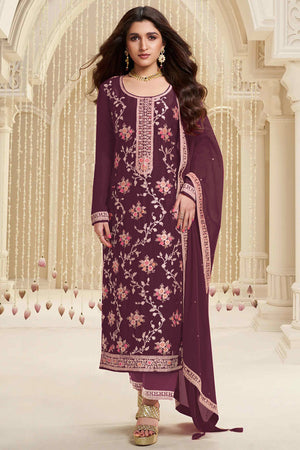 Wine Floral Woven With Embroidered Viscose Semi Stitched Suit