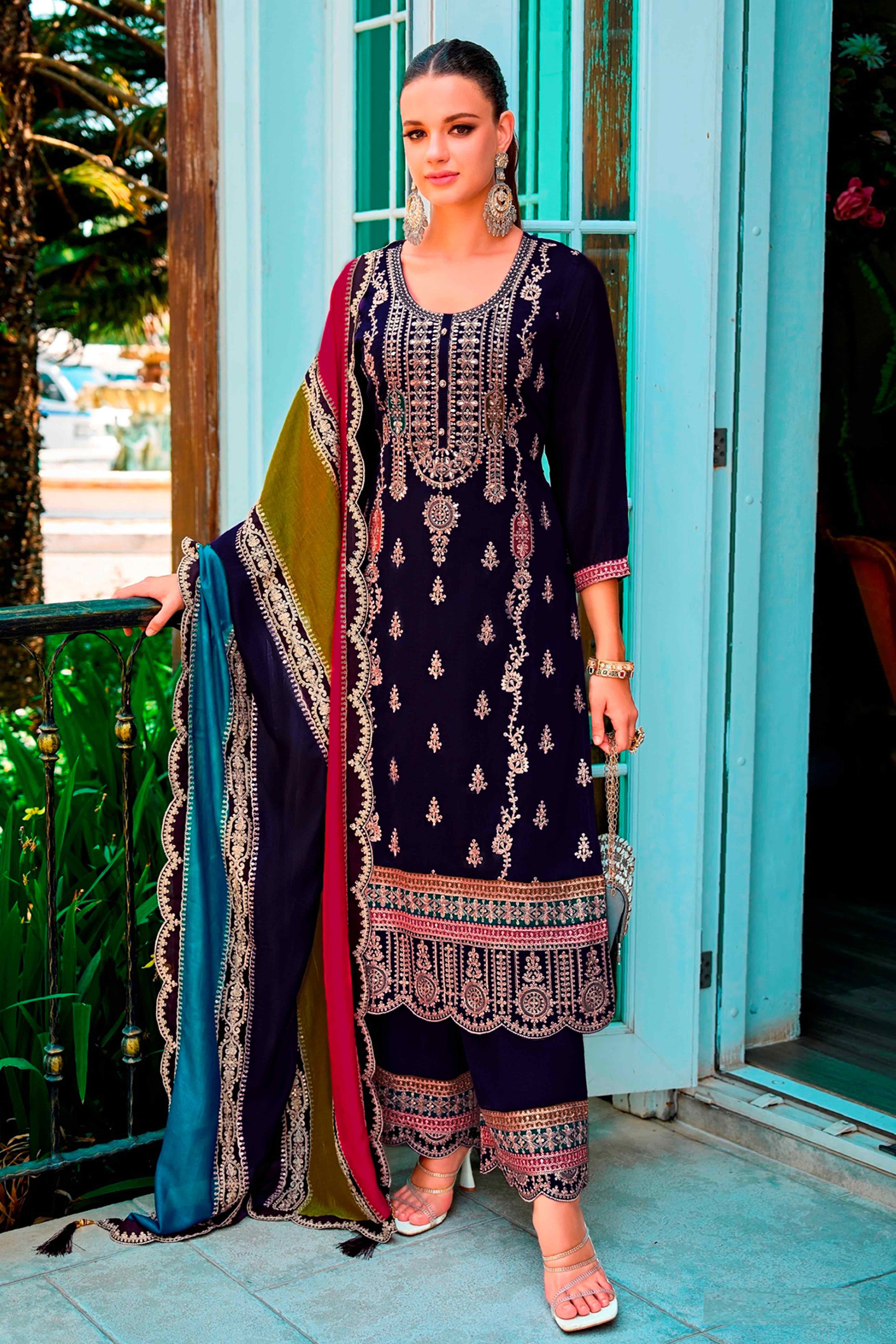 Purple Floral Sequins Embroidered Chinon Semi Stitched Palazzo Suit