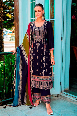 Purple Floral Sequins Embroidered Chinon Semi Stitched Palazzo Suit