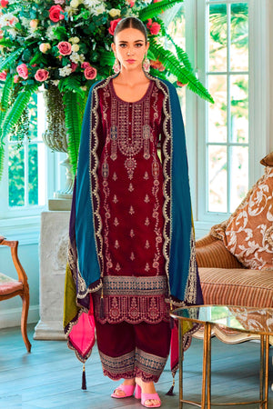 Rani Pink Floral Sequins Embroidered Chinon Semi Stitched Palazzo Suit