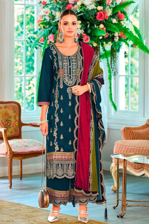Teal Blue Floral Sequins Embroidered Chinon Semi Stitched Palazzo Suit