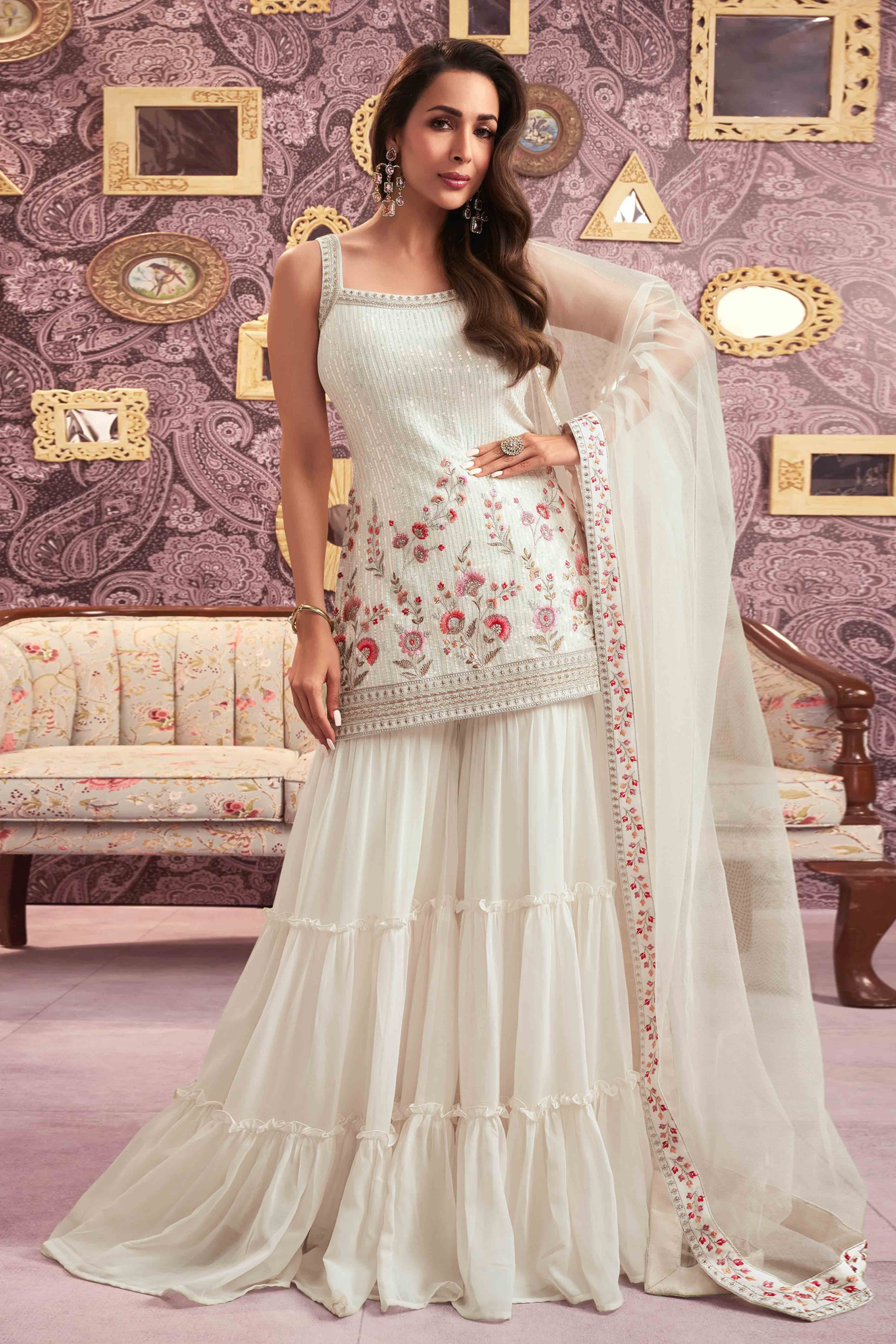 Cream Floral Sequins Embroidery Georgette Semi Stitched Pakistani Suit