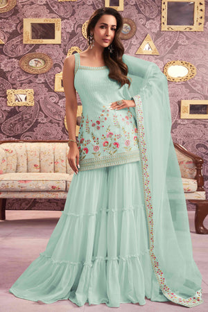 Light Sea Green Floral Sequins Embroidery Georgette Semi Stitched Pakistani Suit
