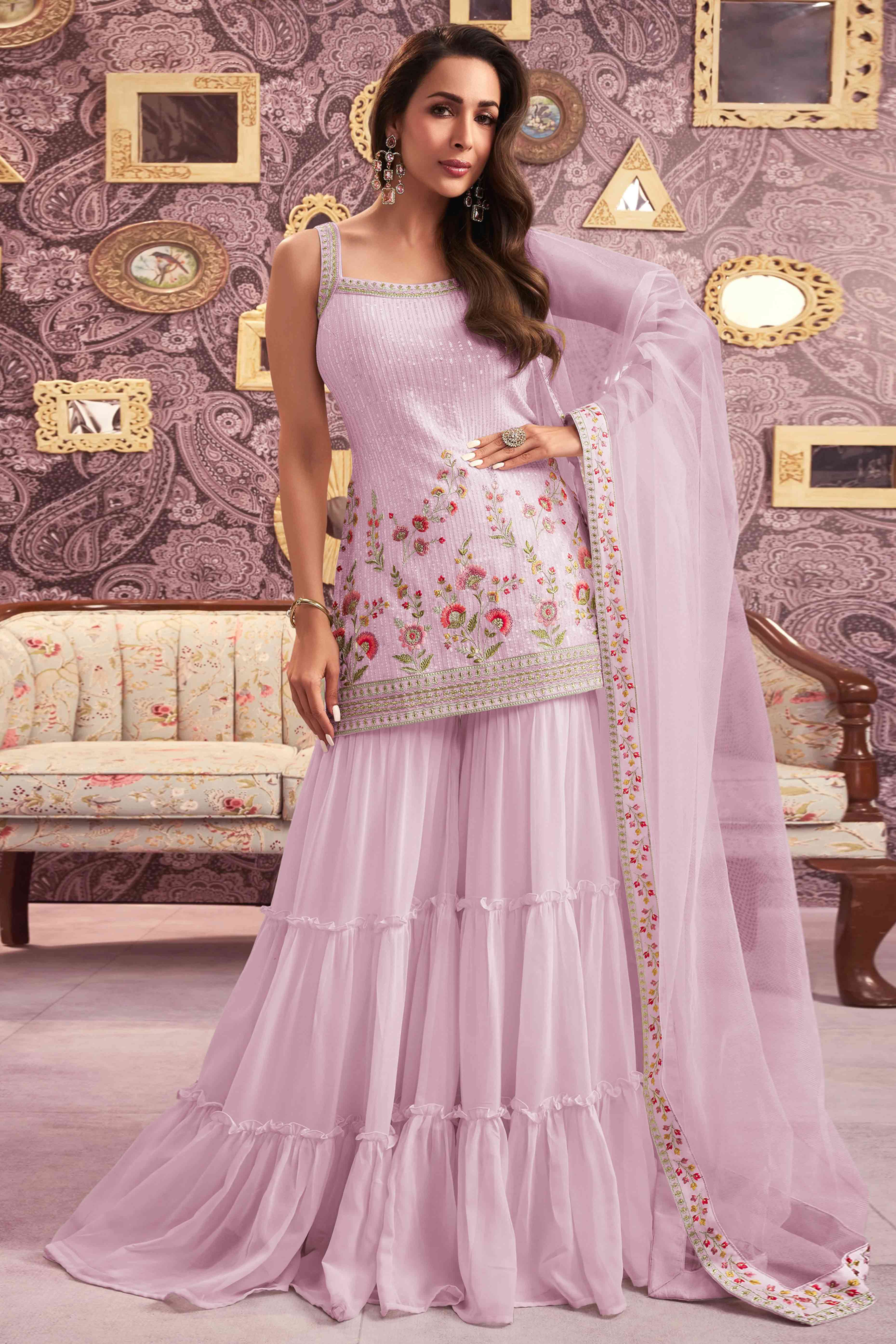 Pink Floral Sequins Embroidery Georgette Semi Stitched Pakistani Suit