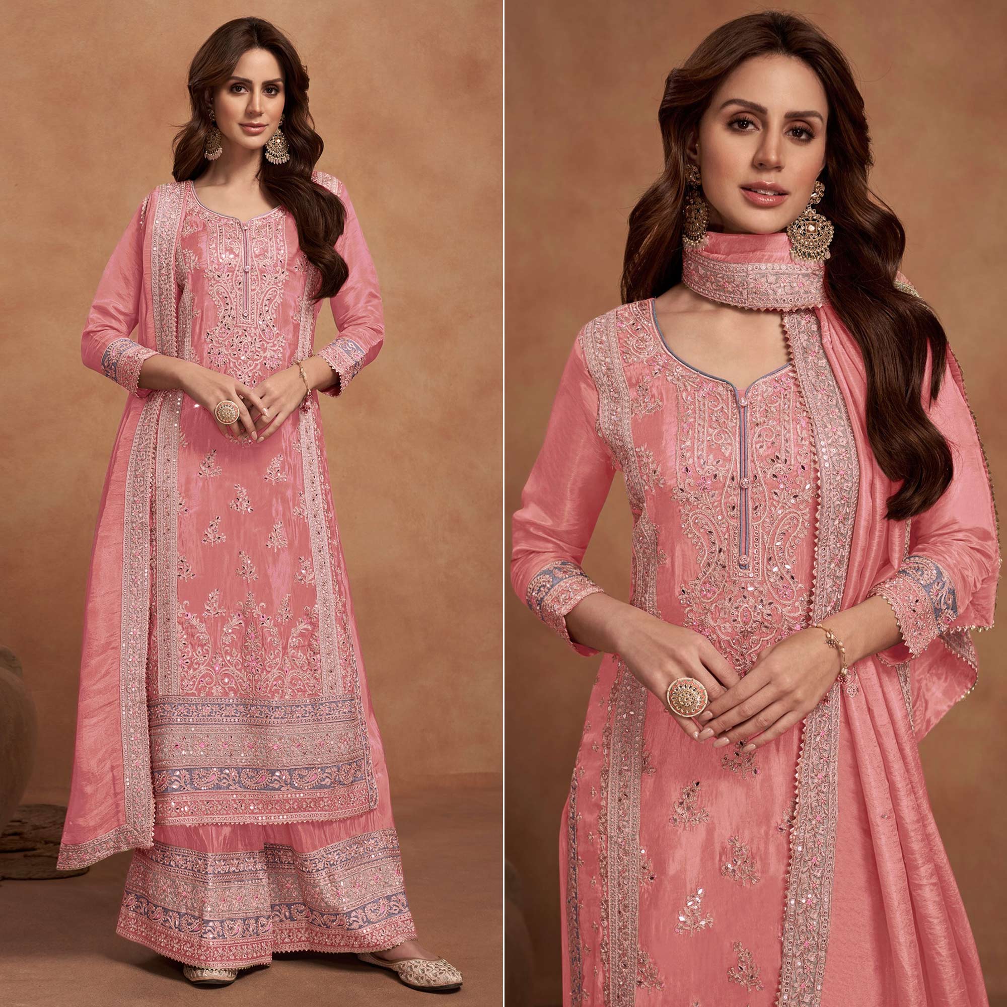 Peach Floral Sequins Embroidered Vichitra Silk Semi Stitched Palazzo Suit