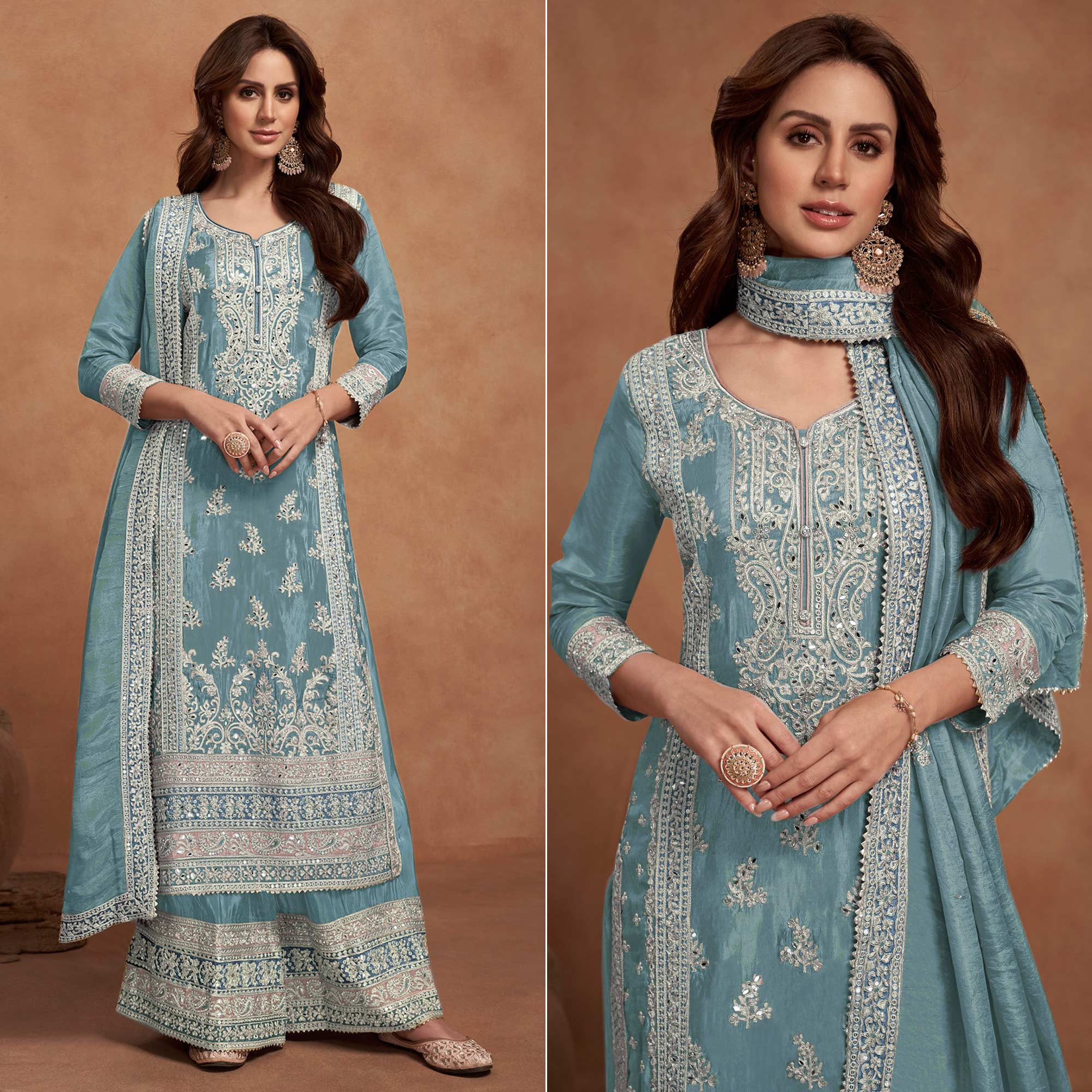 Light Teal Floral Sequins Embroidered Vichitra Silk Semi Stitched Palazzo Suit