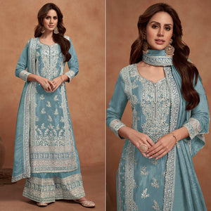 Light Teal Floral Sequins Embroidered Vichitra Silk Semi Stitched Palazzo Suit