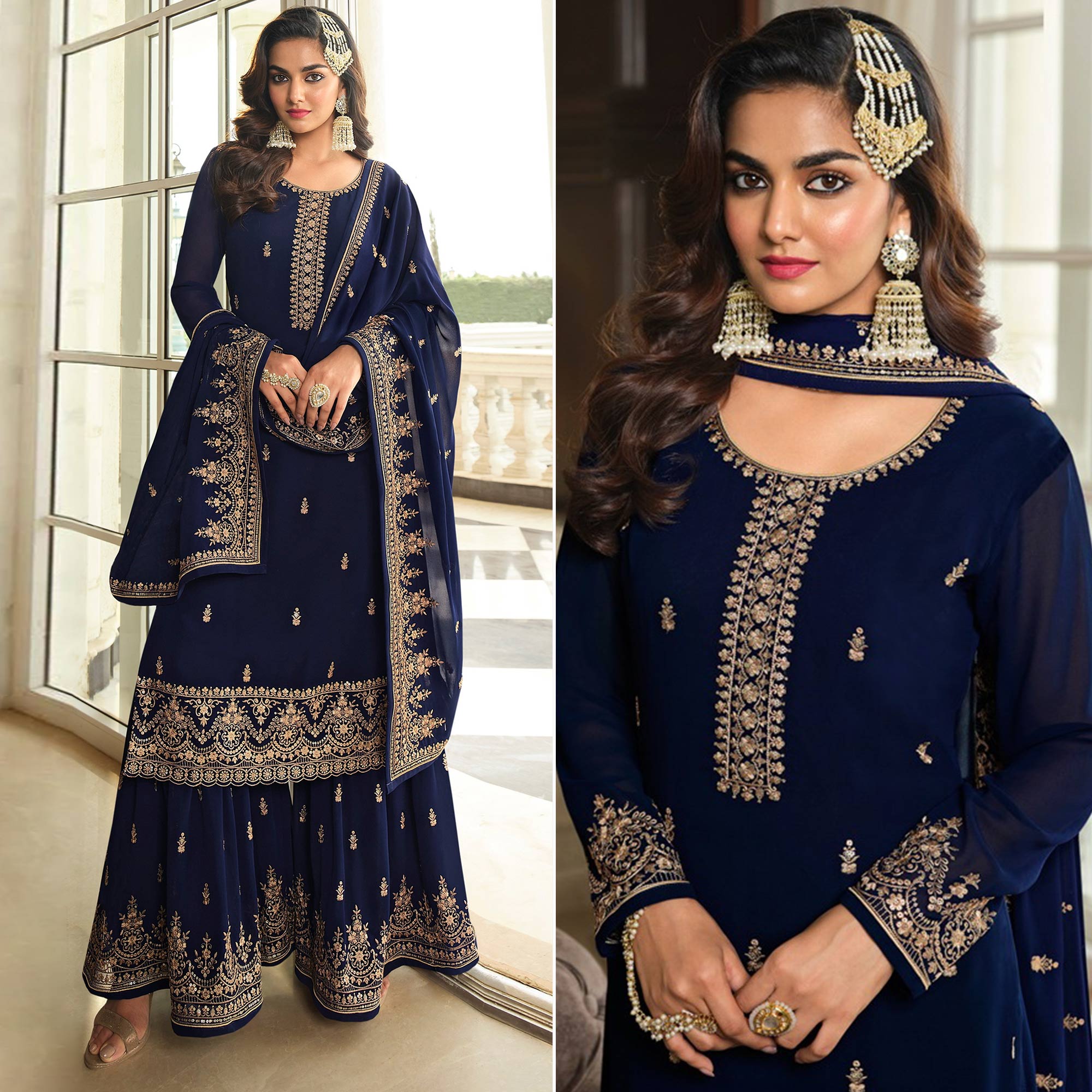 Navy Blue Floral Sequins Embroidered Georgette Semi Stitched Dress Material