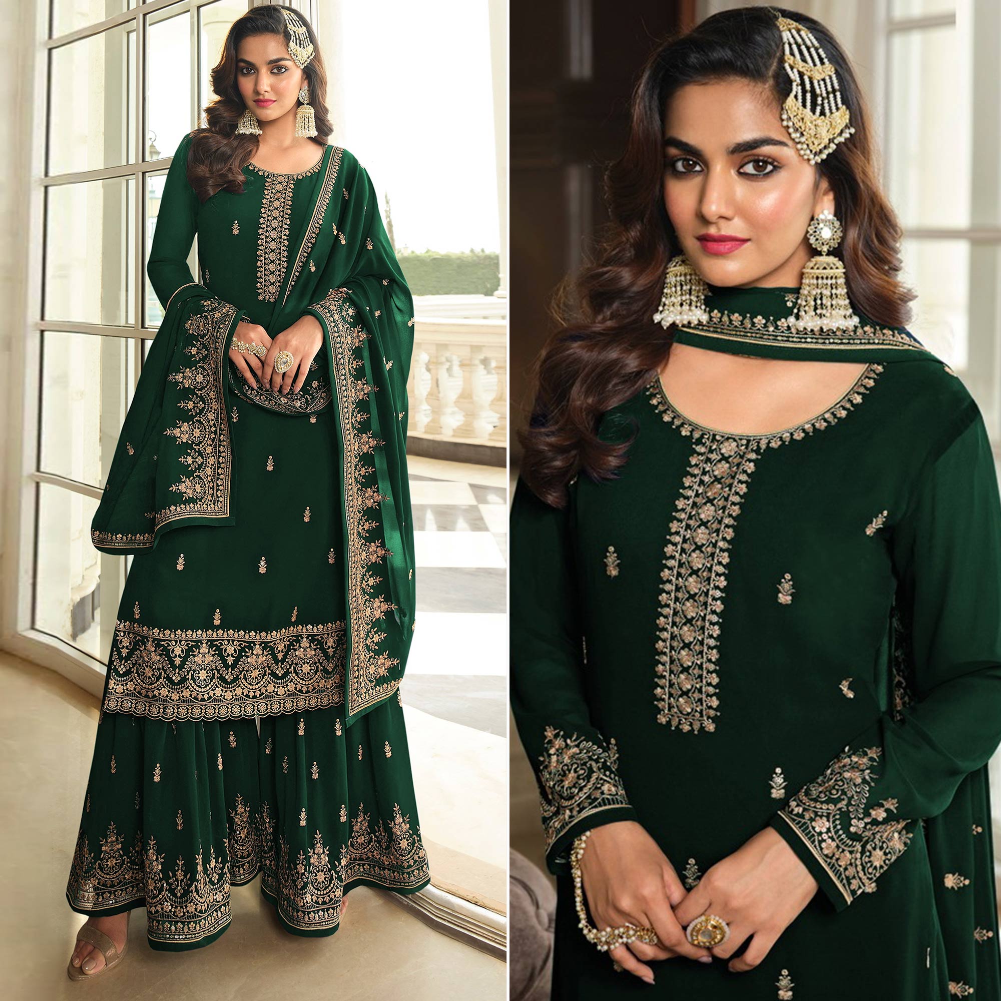 Green Floral Sequins Embroidered Georgette Semi Stitched Dress Material