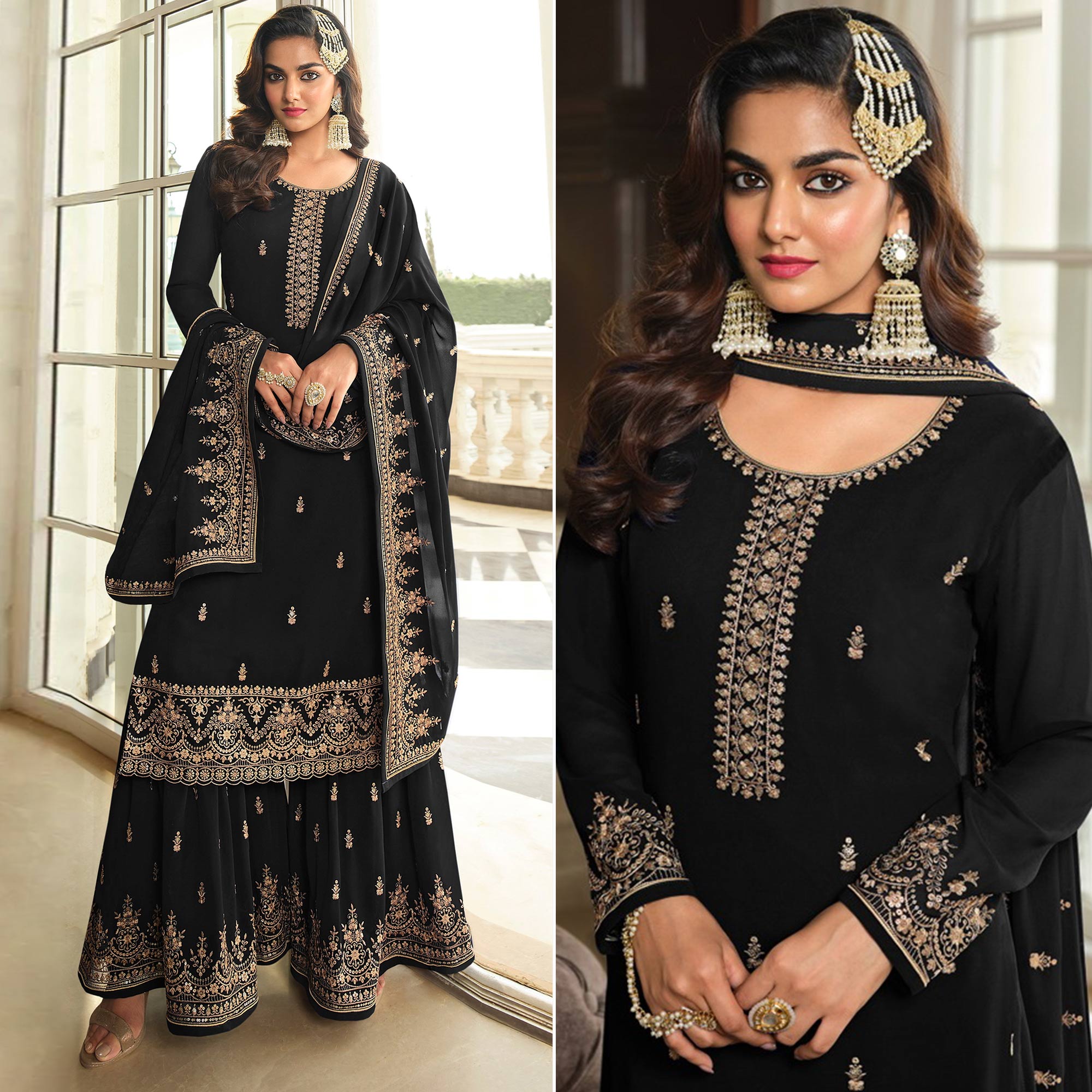 Black Floral Sequins Embroidered Georgette Semi Stitched Dress Material