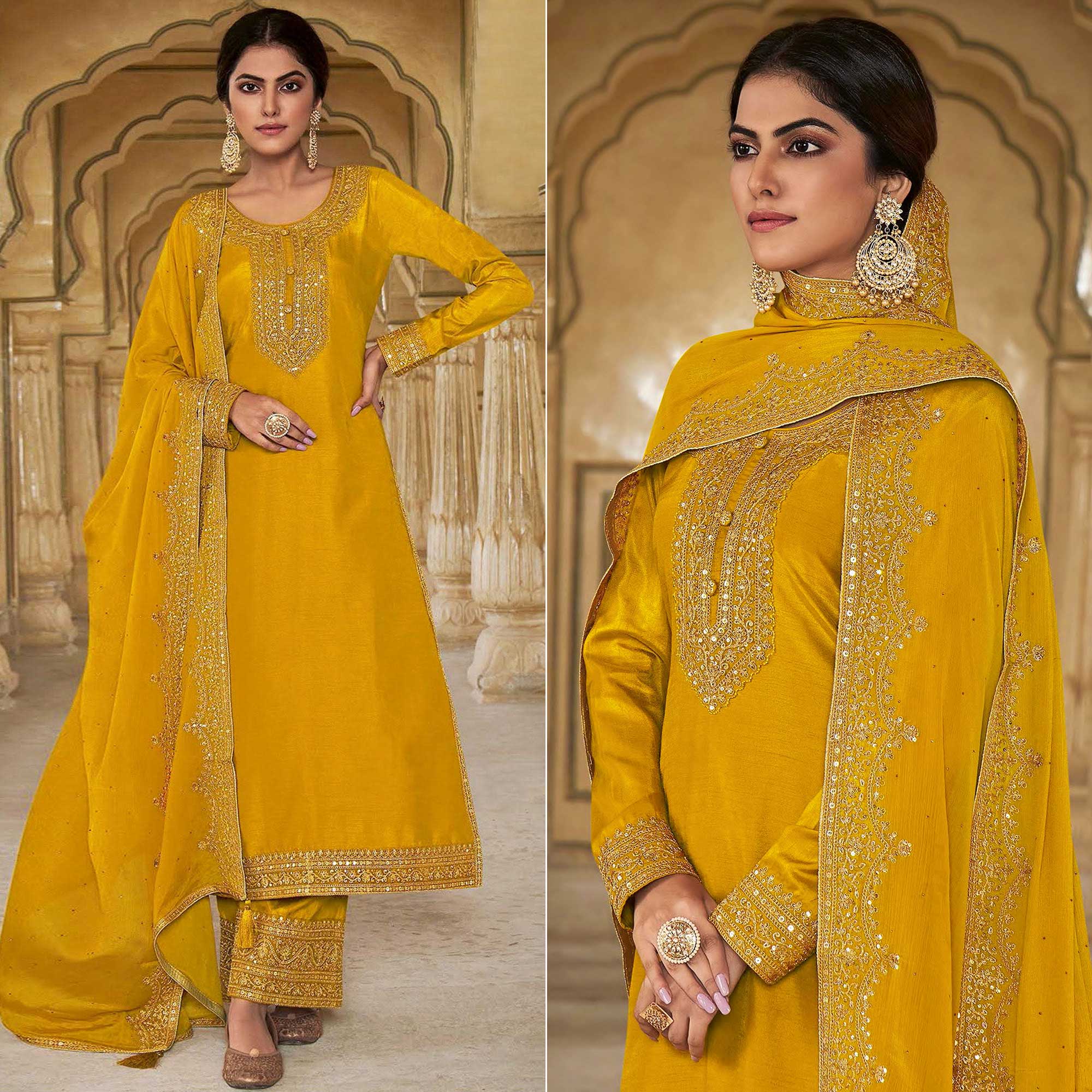 Yellow Floral Sequins Embroidered Dola Silk Palazzo Suit